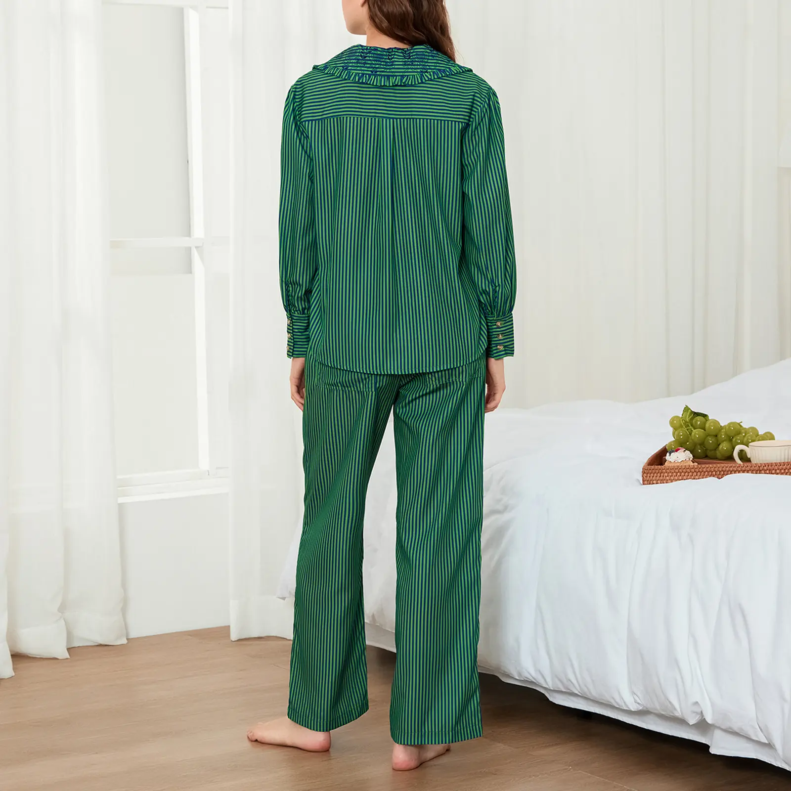 Women's Fall Loungewear Set Stripe Print Long Sleeve Doll Collar Button Down Tops with Long Pants Sleepwear