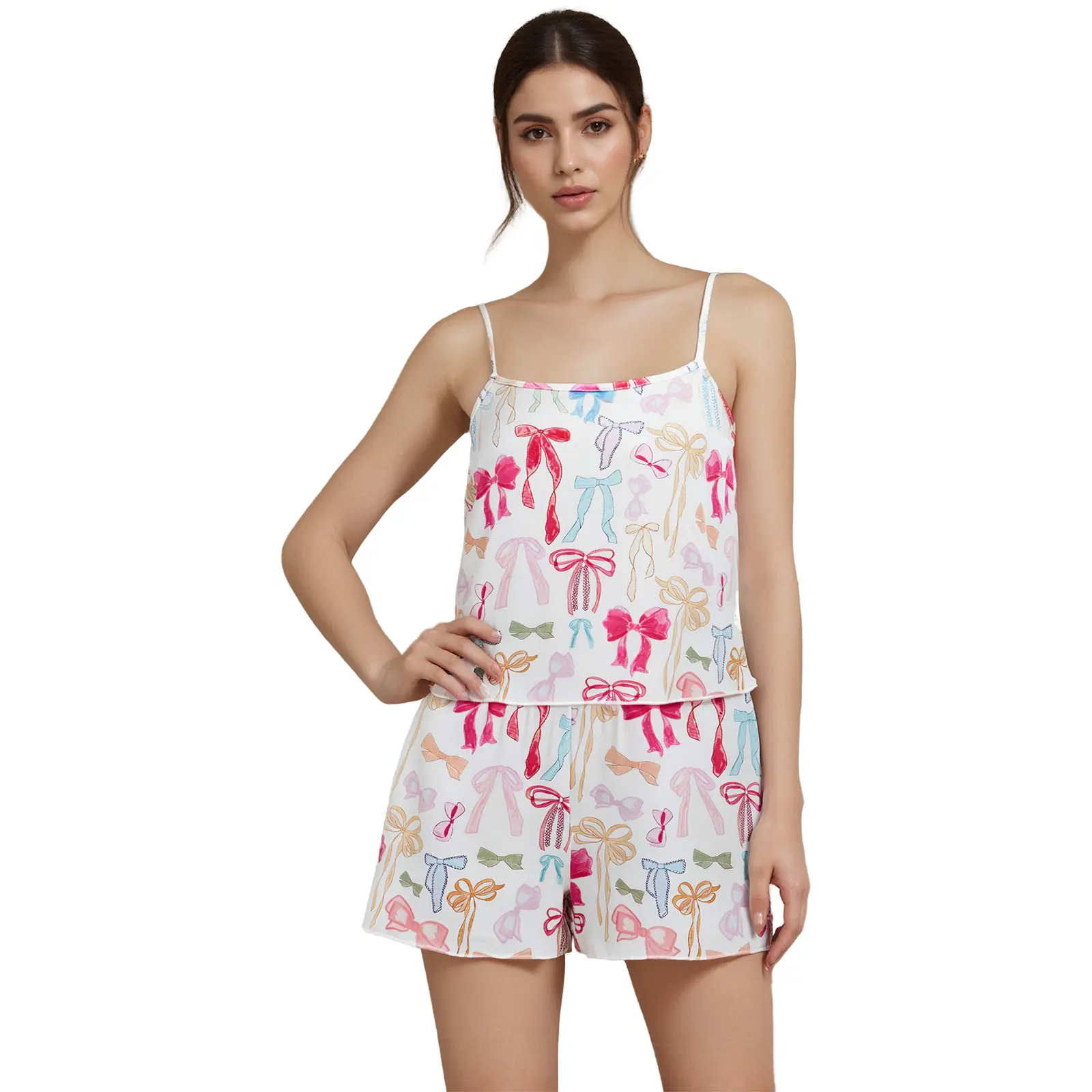 Women Bow Pajama Set Square Neck Spaghetti Strap Tops Elastic Waist Shorts 2 Piece Sleepwear Outfit