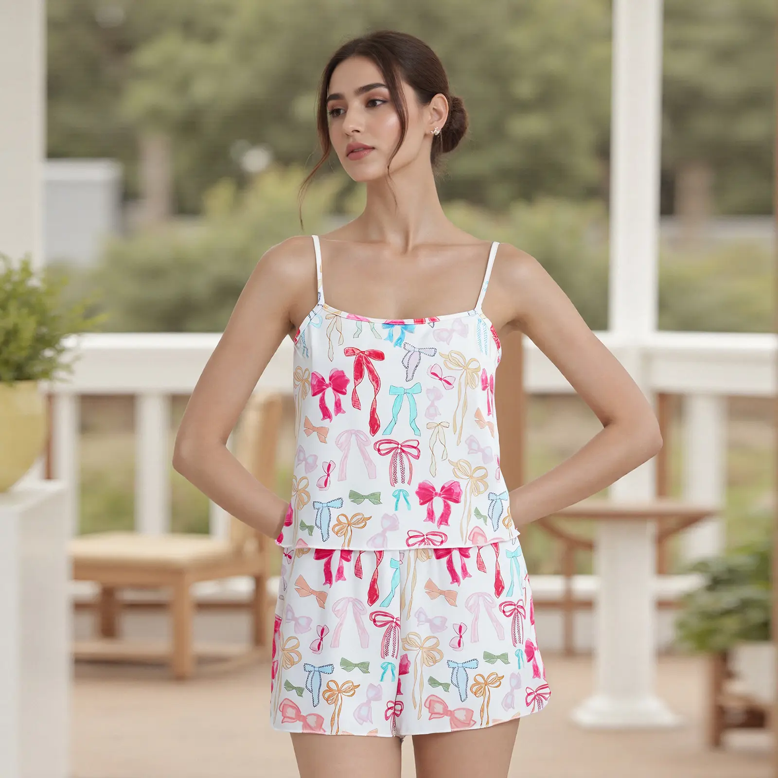 Women Bow Pajama Set Square Neck Spaghetti Strap Tops Elastic Waist Shorts 2 Piece Sleepwear Outfit