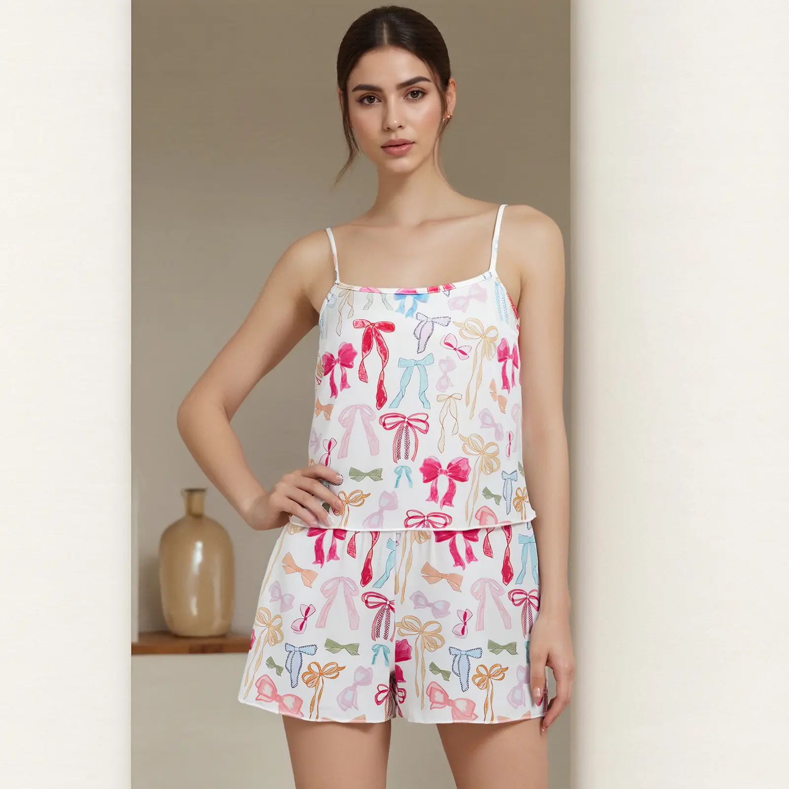 Women Bow Pajama Set Square Neck Spaghetti Strap Tops Elastic Waist Shorts 2 Piece Sleepwear Outfit