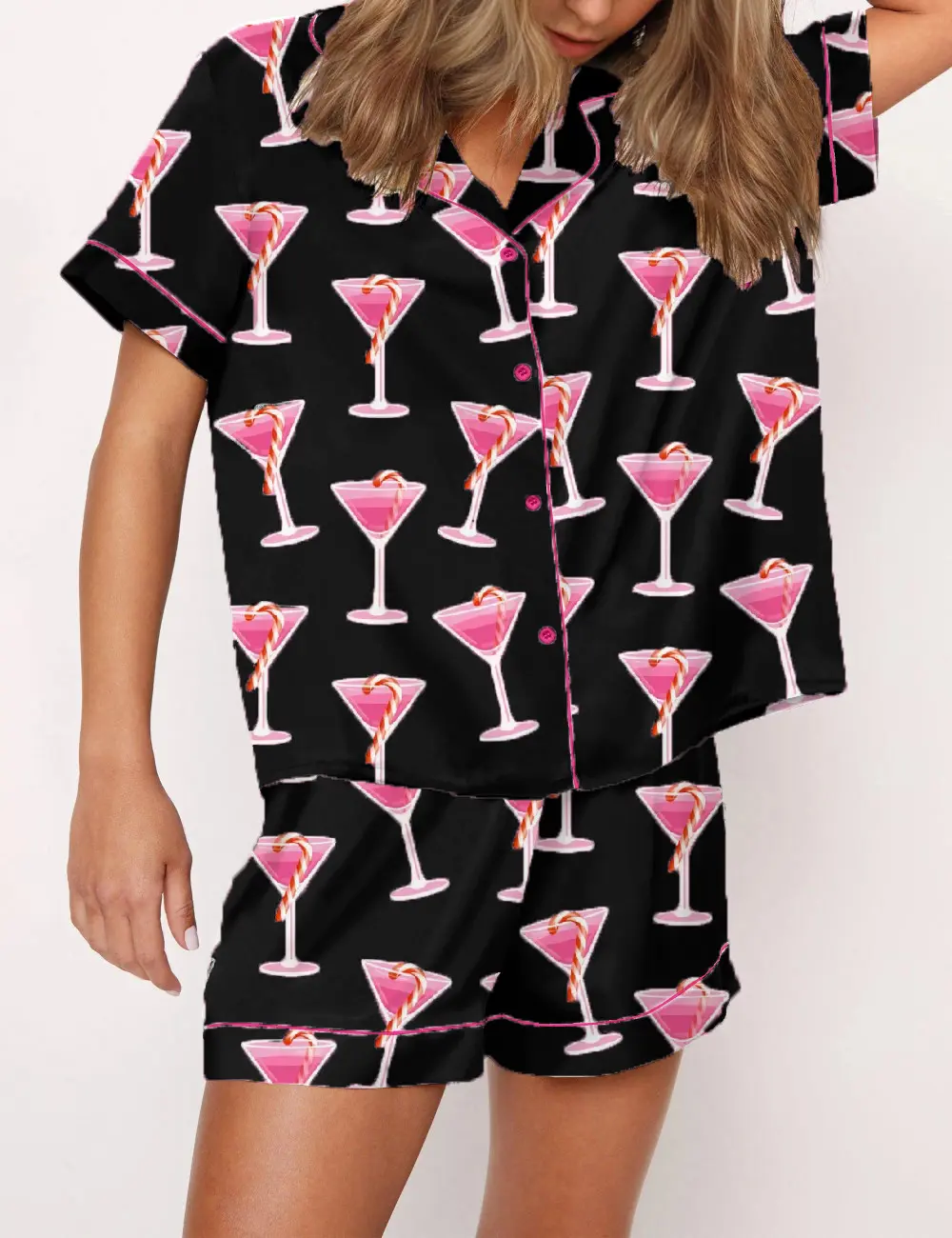 Women Pajamas Set 2 Pieces Loungewear Suits Cocktail Cups Print Short Sleeve Tops and Shorts 2 Piece Loungewear Outfits