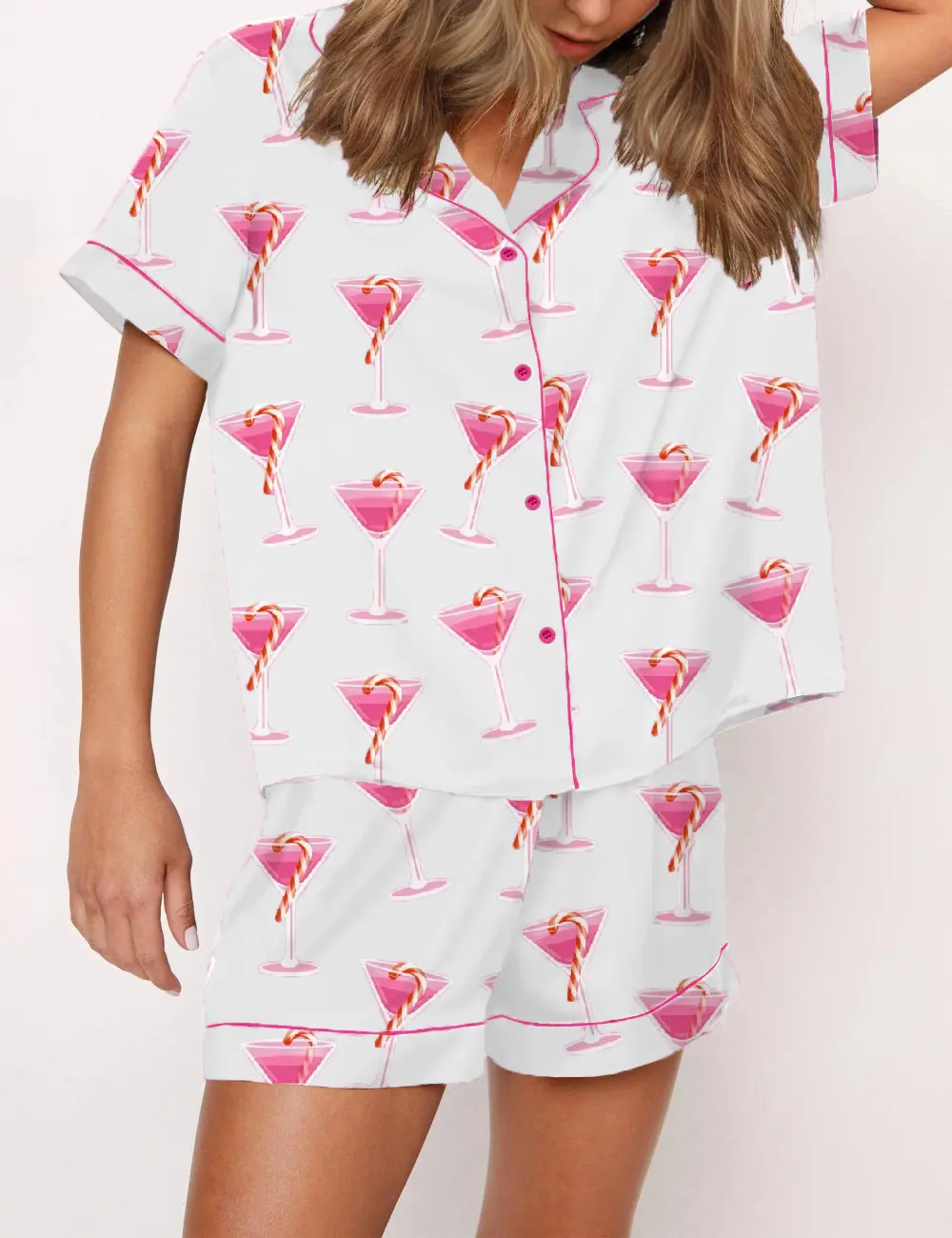 Women Pajamas Set 2 Pieces Loungewear Suits Cocktail Cups Print Short Sleeve Tops and Shorts 2 Piece Loungewear Outfits
