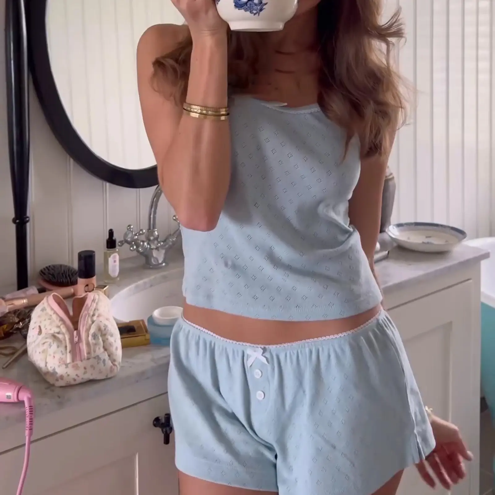 Women Casual Prairie Chic Pajama Solid Set, Flower Print Sleeveless Camisole with Shorts Sleepwear Loungewear