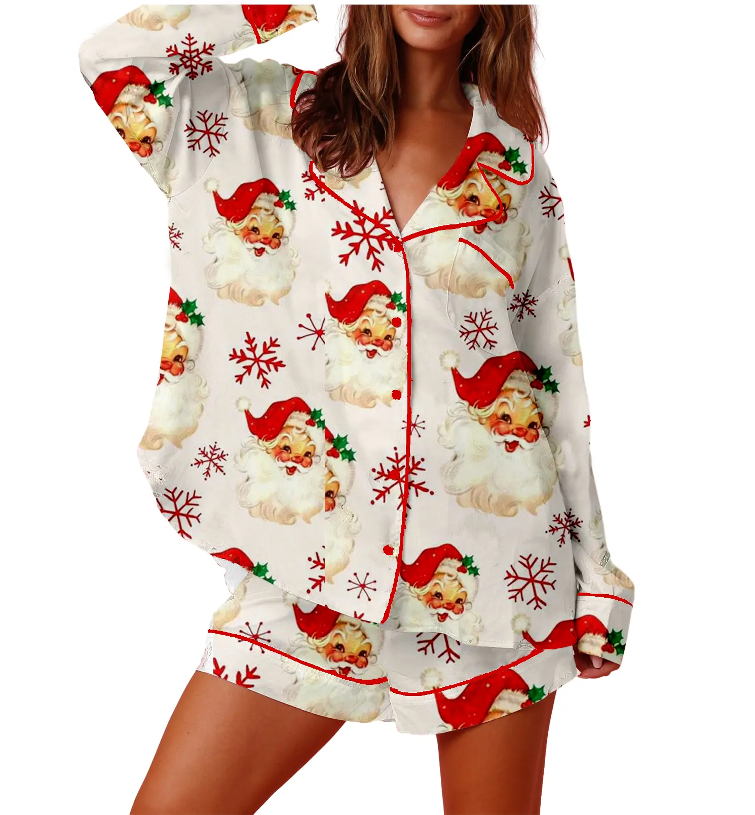 Women Christmas Pajamas Lounge Set Christmas Tree/Santa/Candy Cane Print Long Sleeve Tops and Shorts 2 Piece Loungewear Outfits