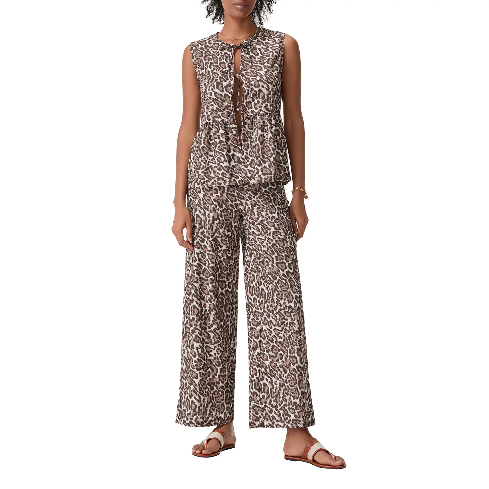 Women 2-Piece Leopard Set V-Neck Bow Lacing Loose Flowy Hem Tank Tops Wide Leg Long Pants Outfits
