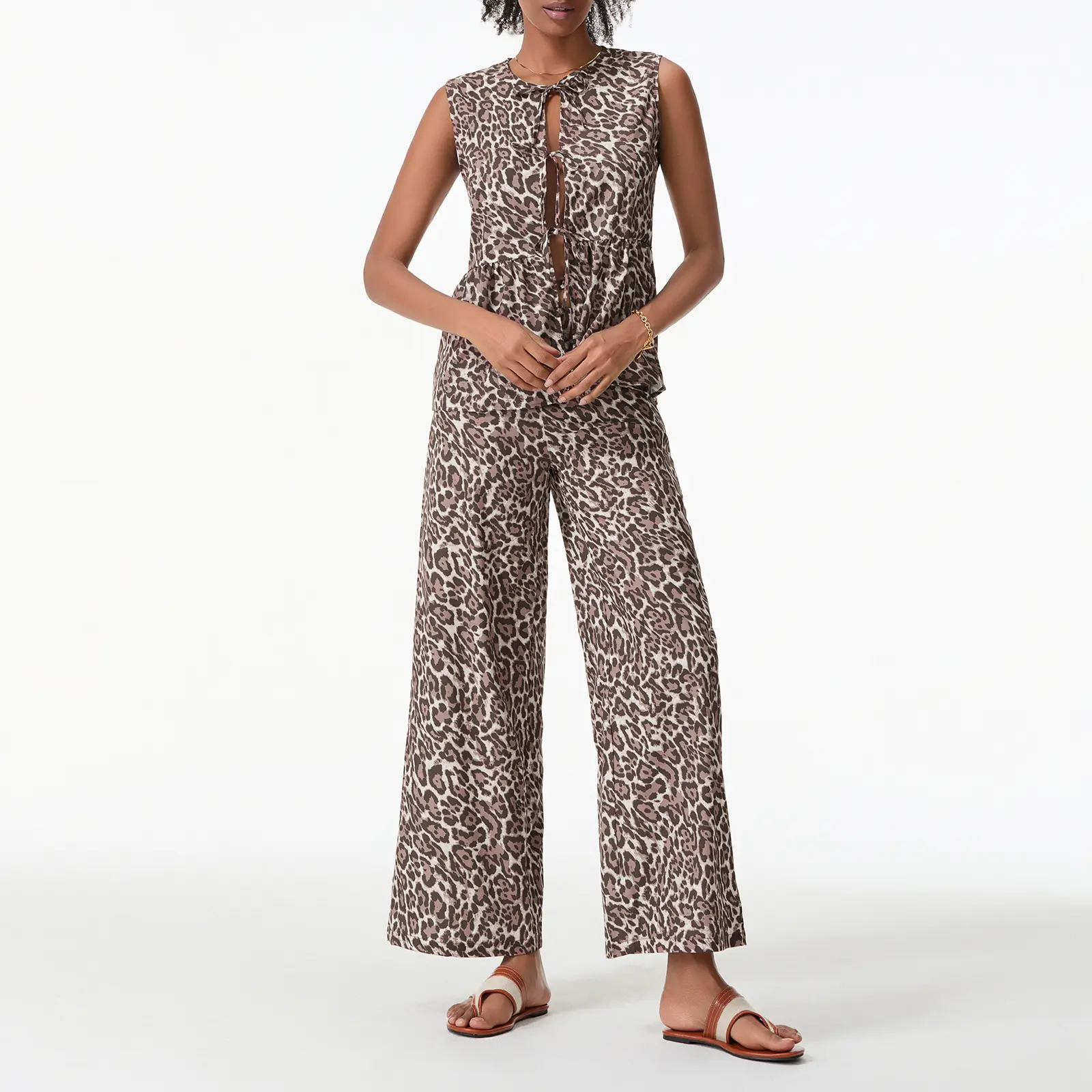 Women 2-Piece Leopard Set V-Neck Bow Lacing Loose Flowy Hem Tank Tops Wide Leg Long Pants Outfits