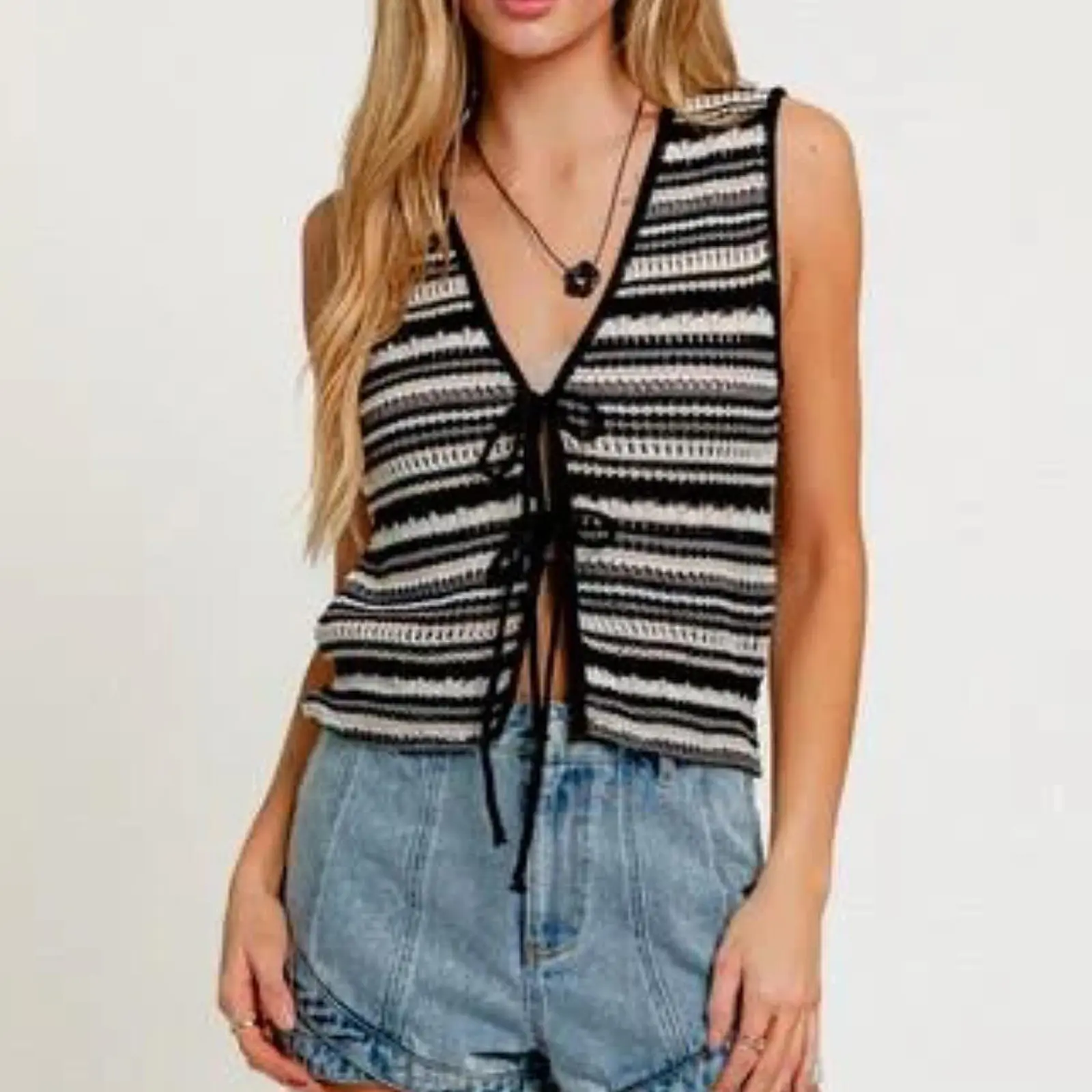 Women’s Y2k V Neck Knit Vest Casual Sleeveless Stripes Print Tie-up Front Tank Tops Sweater Vest