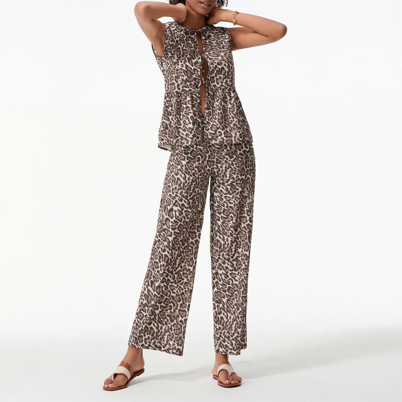 Women 2-Piece Leopard Set V-Neck Bow Lacing Loose Flowy Hem Tank Tops Wide Leg Long Pants Outfits
