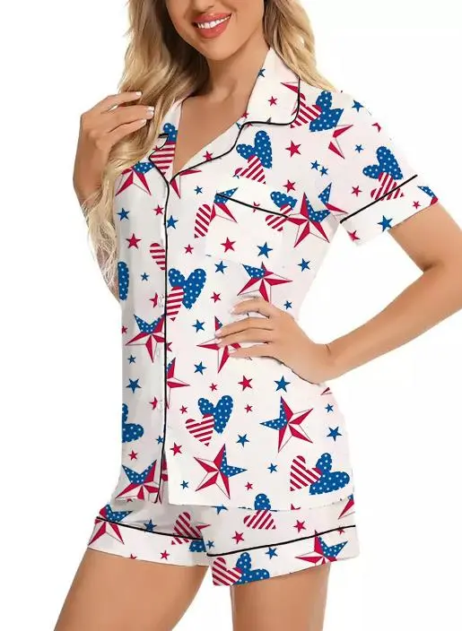 Women 4th of July Pajamas Set Print Button Down Short Sleeve Tops with Shorts Summer Lounge Wear 2 Pcs Set