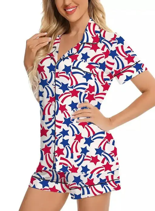 Women 4th of July Pajamas Set Print Button Down Short Sleeve Tops with Shorts Summer Lounge Wear 2 Pcs Set