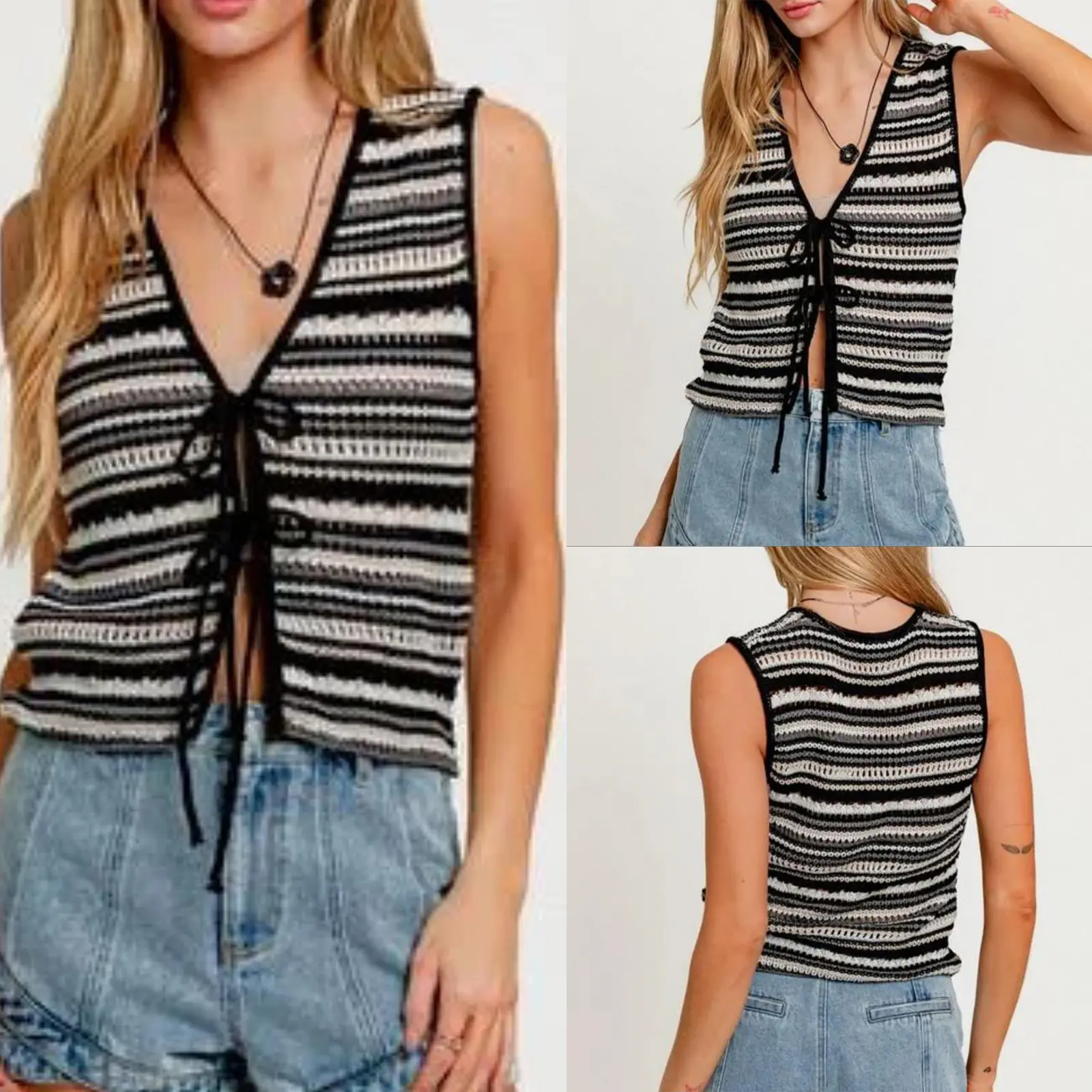 Women’s Y2k V Neck Knit Vest Casual Sleeveless Stripes Print Tie-up Front Tank Tops Sweater Vest