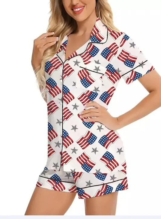 Women 4th of July Pajamas Set Print Button Down Short Sleeve Tops with Shorts Summer Lounge Wear 2 Pcs Set