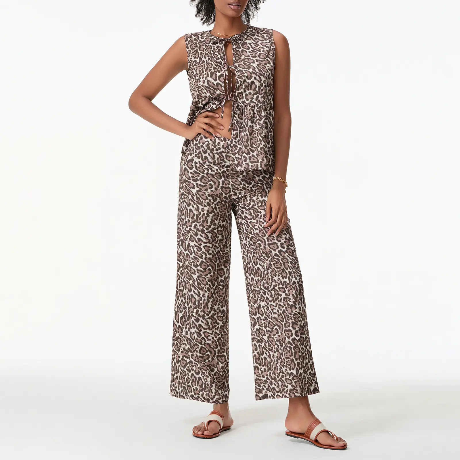 Women 2-Piece Leopard Set V-Neck Bow Lacing Loose Flowy Hem Tank Tops Wide Leg Long Pants Outfits