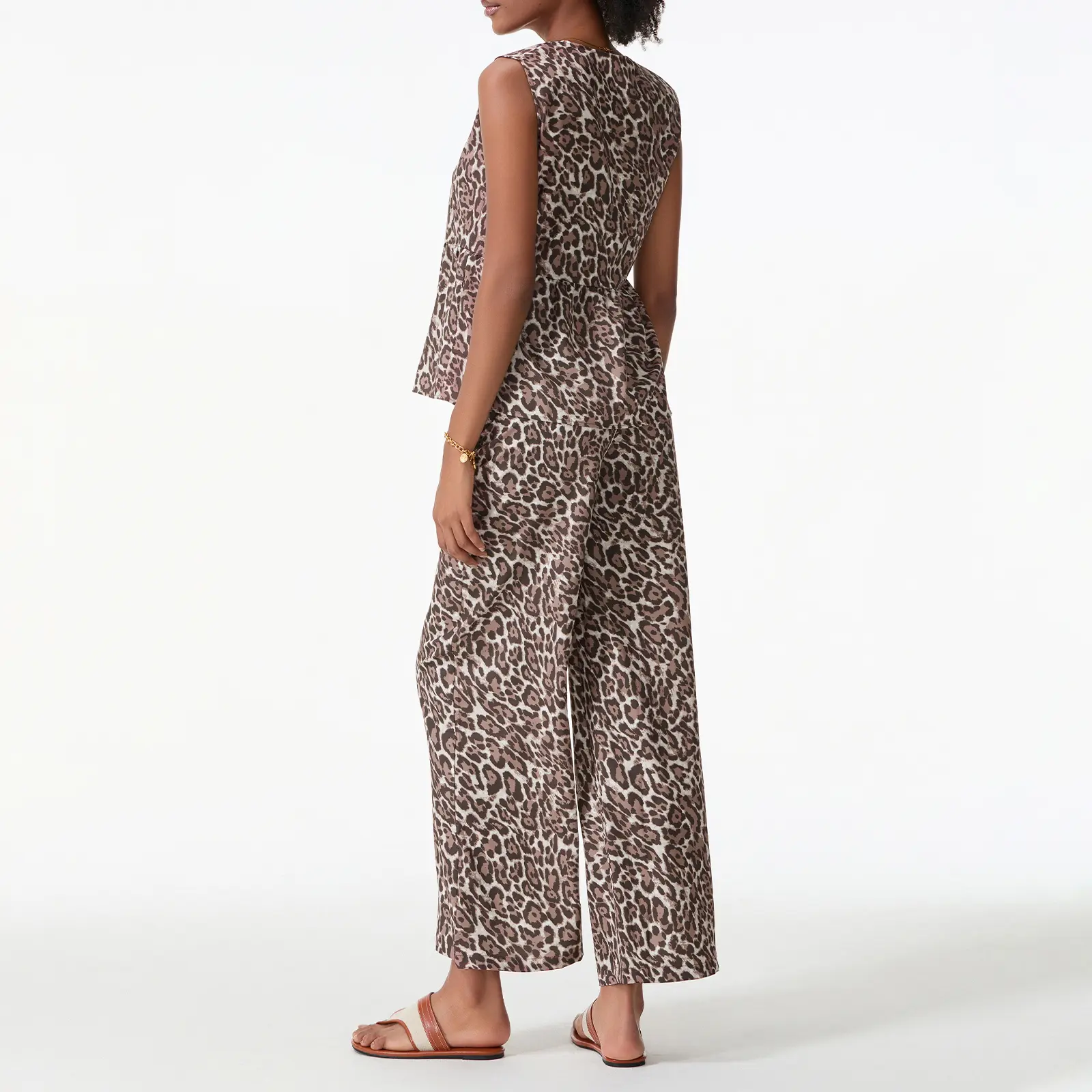 Women 2-Piece Leopard Set V-Neck Bow Lacing Loose Flowy Hem Tank Tops Wide Leg Long Pants Outfits