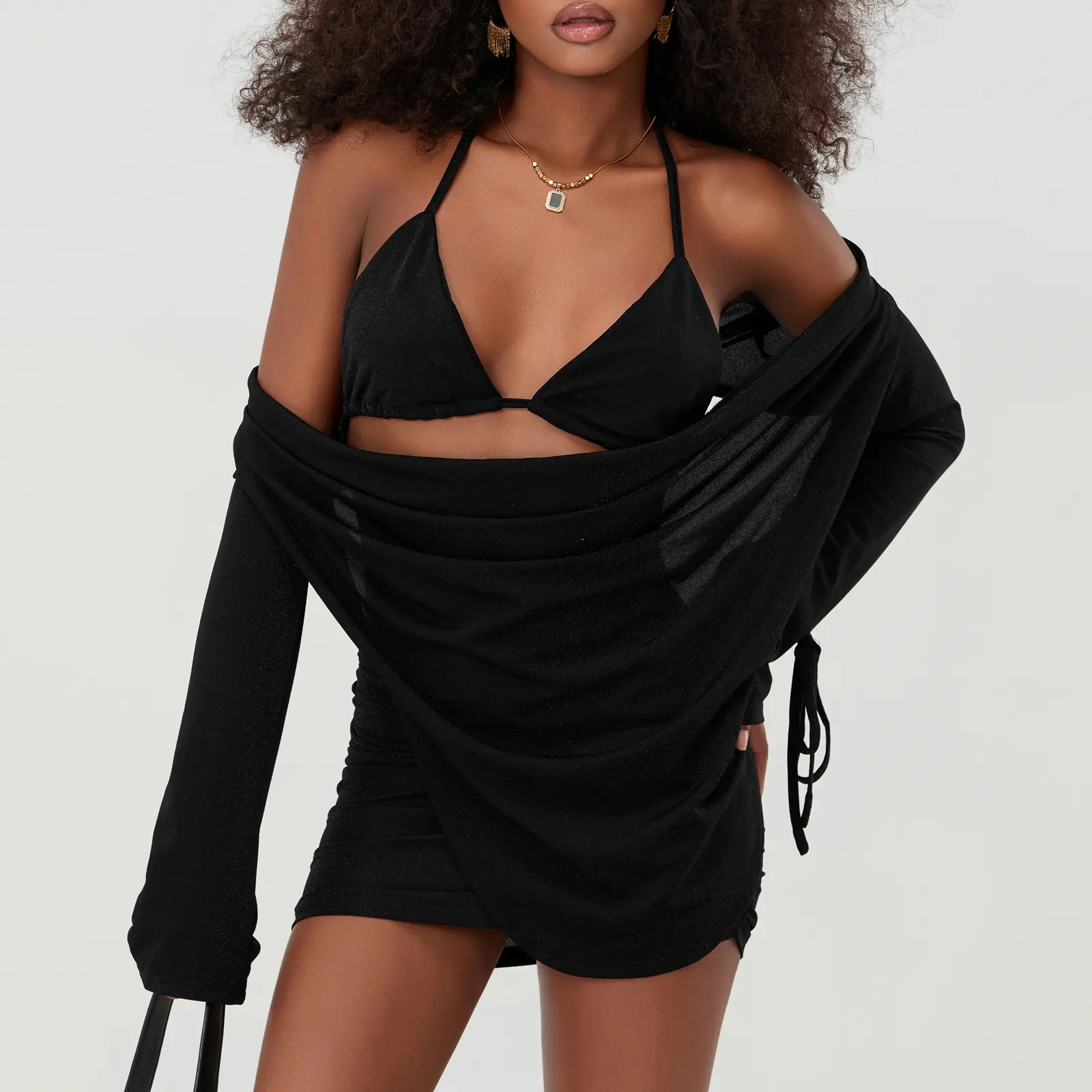 Women’s Three Piece Summer Outfits Long Sleeve Open Back Tops with Bra and Mini Skirt Set Clubwear