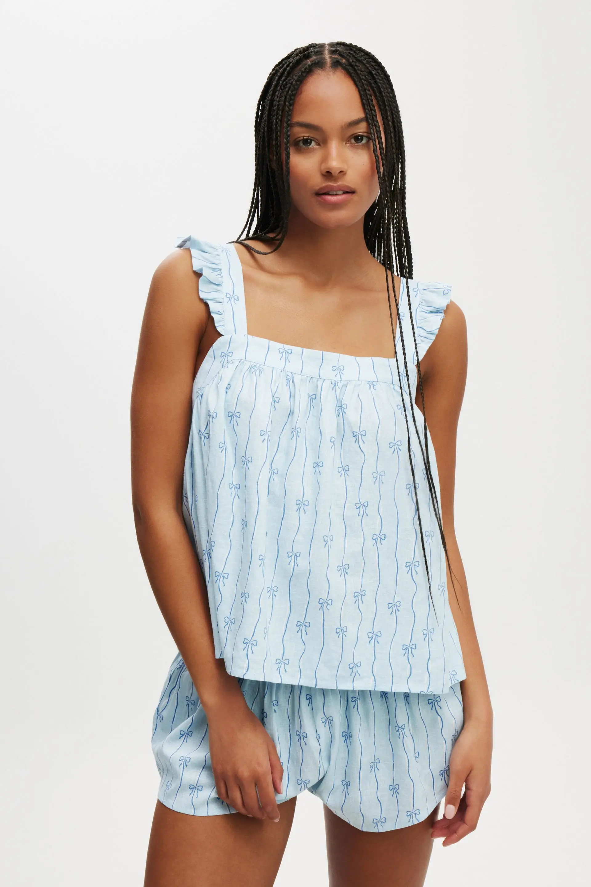 Women's Summer Pajamas Set Stylish Bow Print Ruffled Trim Camisole Tops with Wide Leg Shorts 2 Pcs Set