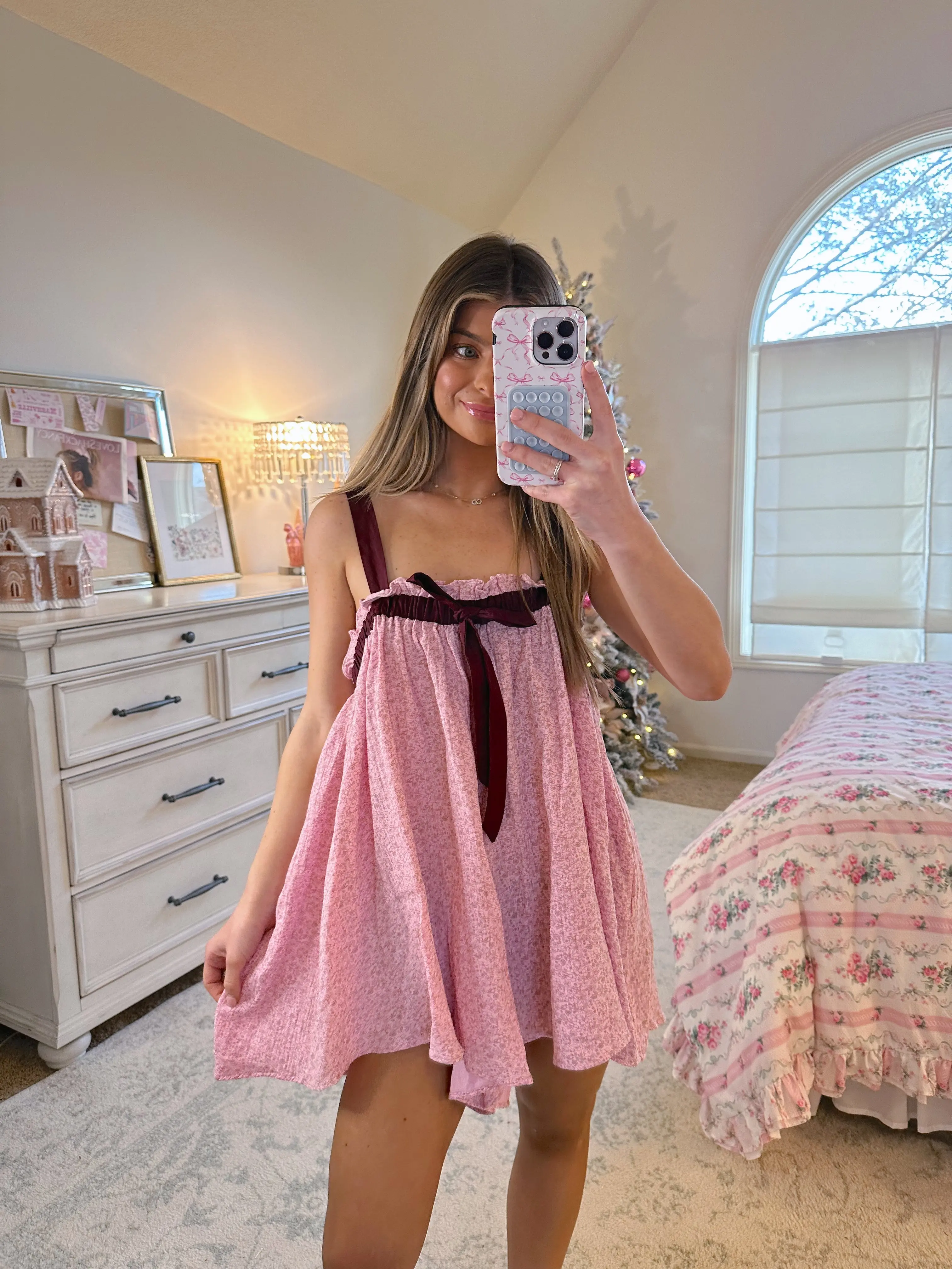 Women's Lounge Dress Loose Fit Black Bow Floral Print Sleeveless Mini A Line Dress
