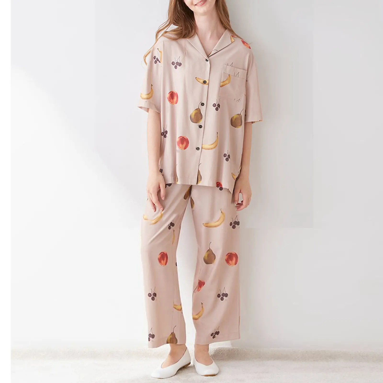 Women Pajamas Set 2 Pieces Loungewear Suits Fruits Print Short Sleeve Loose Shirts Tops and Pants Sleepwear Outfits