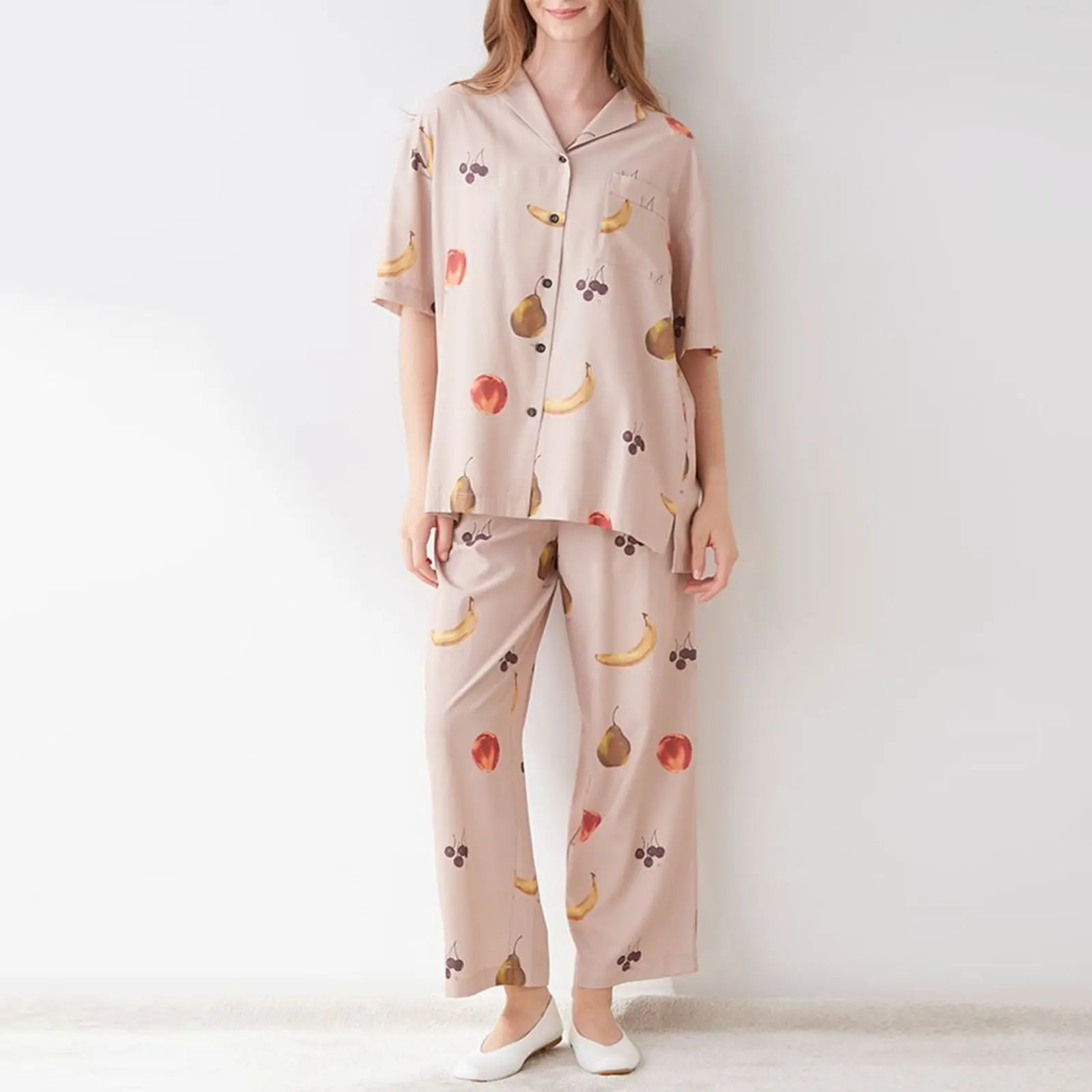 Women Pajamas Set 2 Pieces Loungewear Suits Fruits Print Short Sleeve Loose Shirts Tops and Pants Sleepwear Outfits