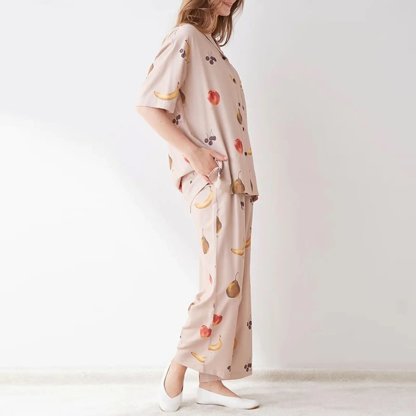 Women Pajamas Set 2 Pieces Loungewear Suits Fruits Print Short Sleeve Loose Shirts Tops and Pants Sleepwear Outfits