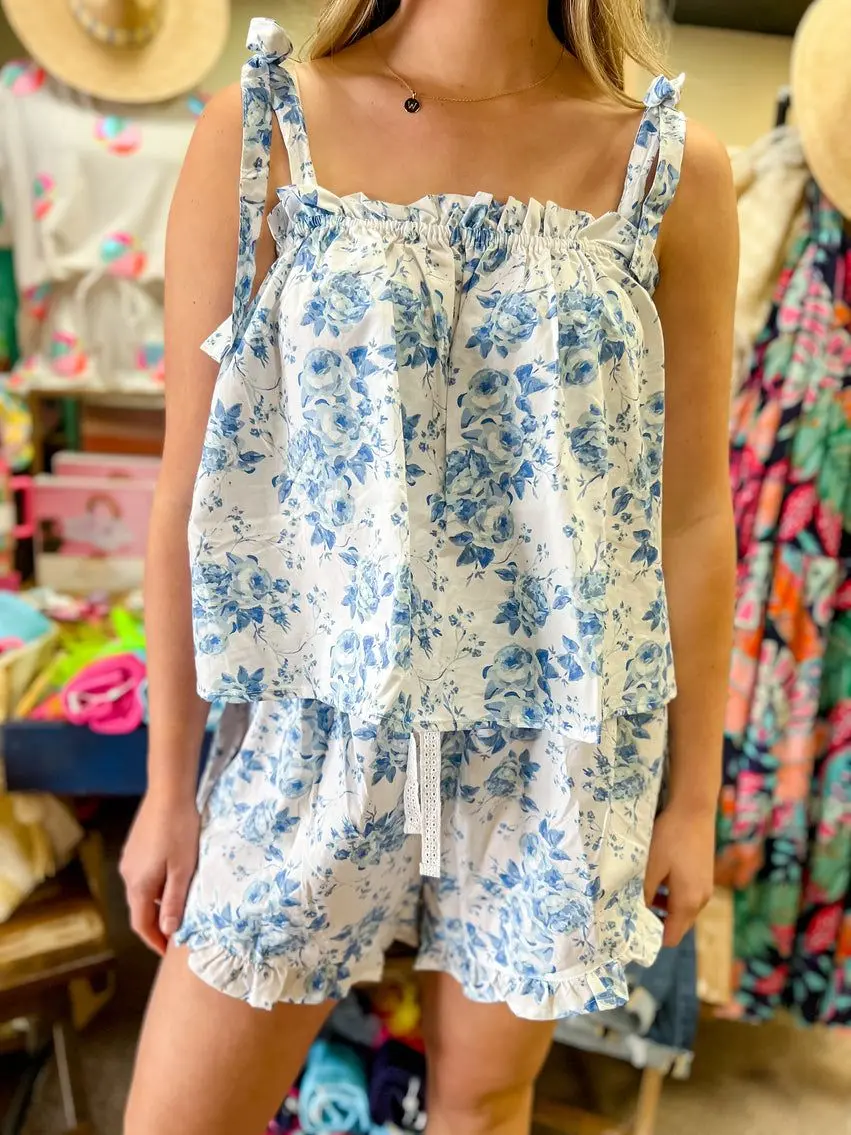 Women Floral Pajama Set Tie Shoulder Square Neck Tops Elastic Waist Mini Ruffle Shorts 2 Piece Sleepwear Outfit