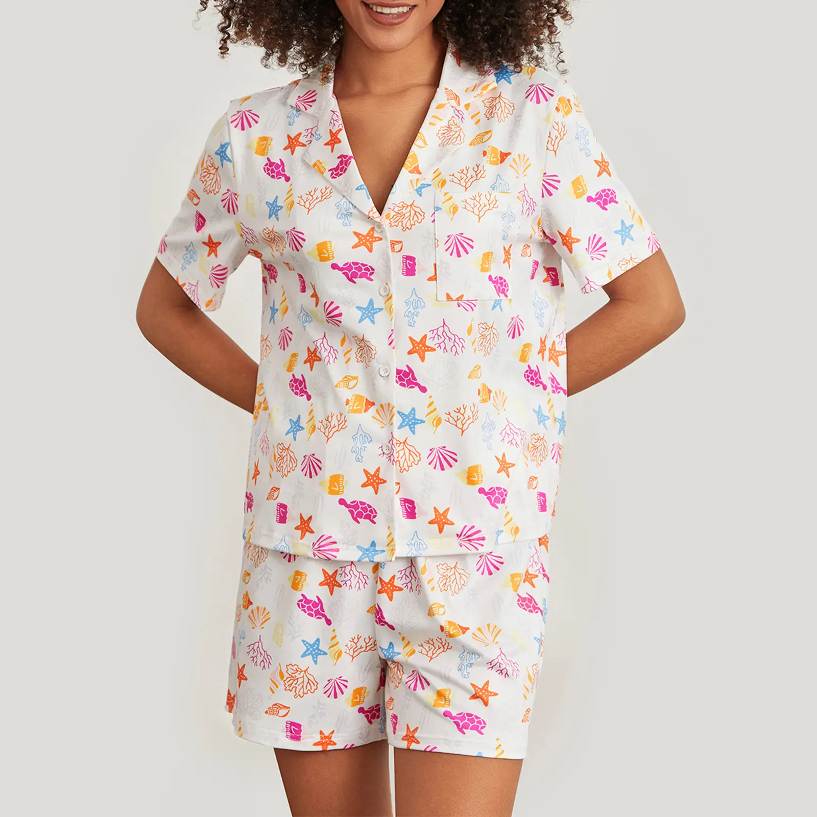Women 2 Piece Pajama Set Cute Ocean Print Button T-Shirt and Elastic Shorts for Loungewear Soft Sleepwear for Nightwear