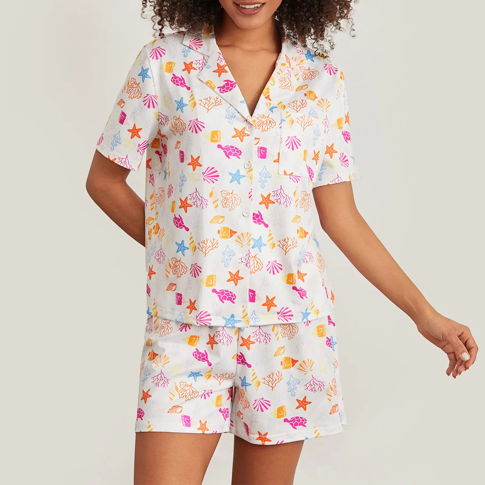 Women 2 Piece Pajama Set Cute Ocean Print Button T-Shirt and Elastic Shorts for Loungewear Soft Sleepwear for Nightwear