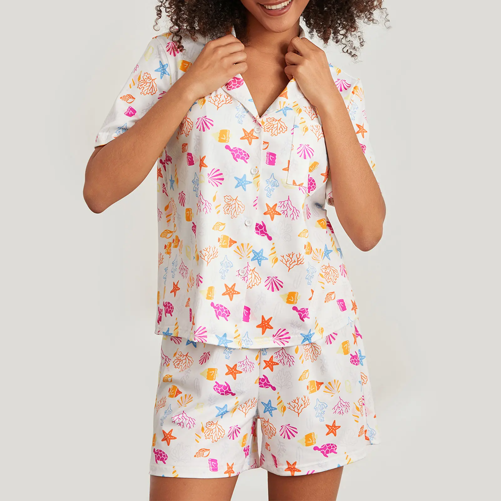 Women 2 Piece Pajama Set Cute Ocean Print Button T-Shirt and Elastic Shorts for Loungewear Soft Sleepwear for Nightwear