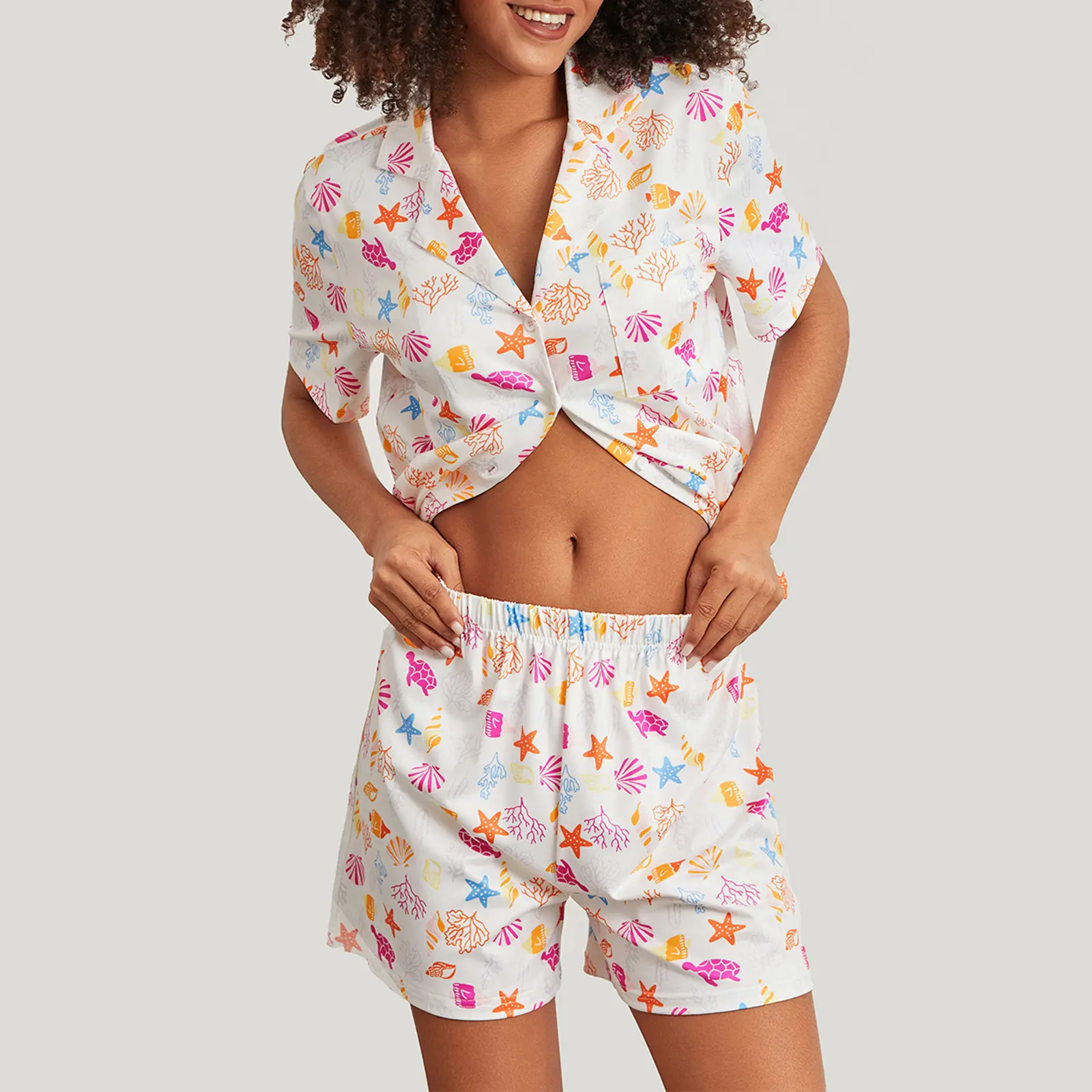 Women 2 Piece Pajama Set Cute Ocean Print Button T-Shirt and Elastic Shorts for Loungewear Soft Sleepwear for Nightwear