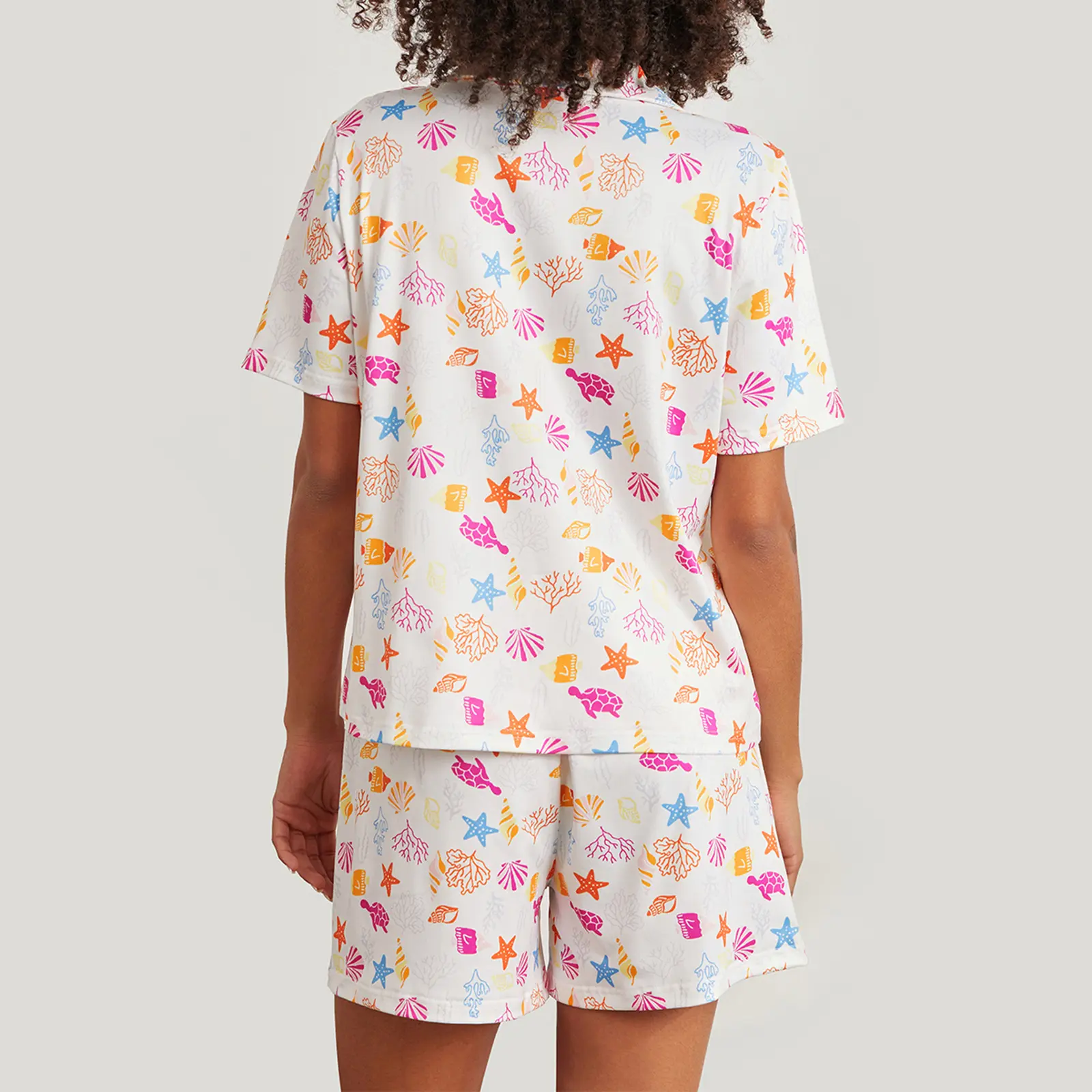 Women 2 Piece Pajama Set Cute Ocean Print Button T-Shirt and Elastic Shorts for Loungewear Soft Sleepwear for Nightwear