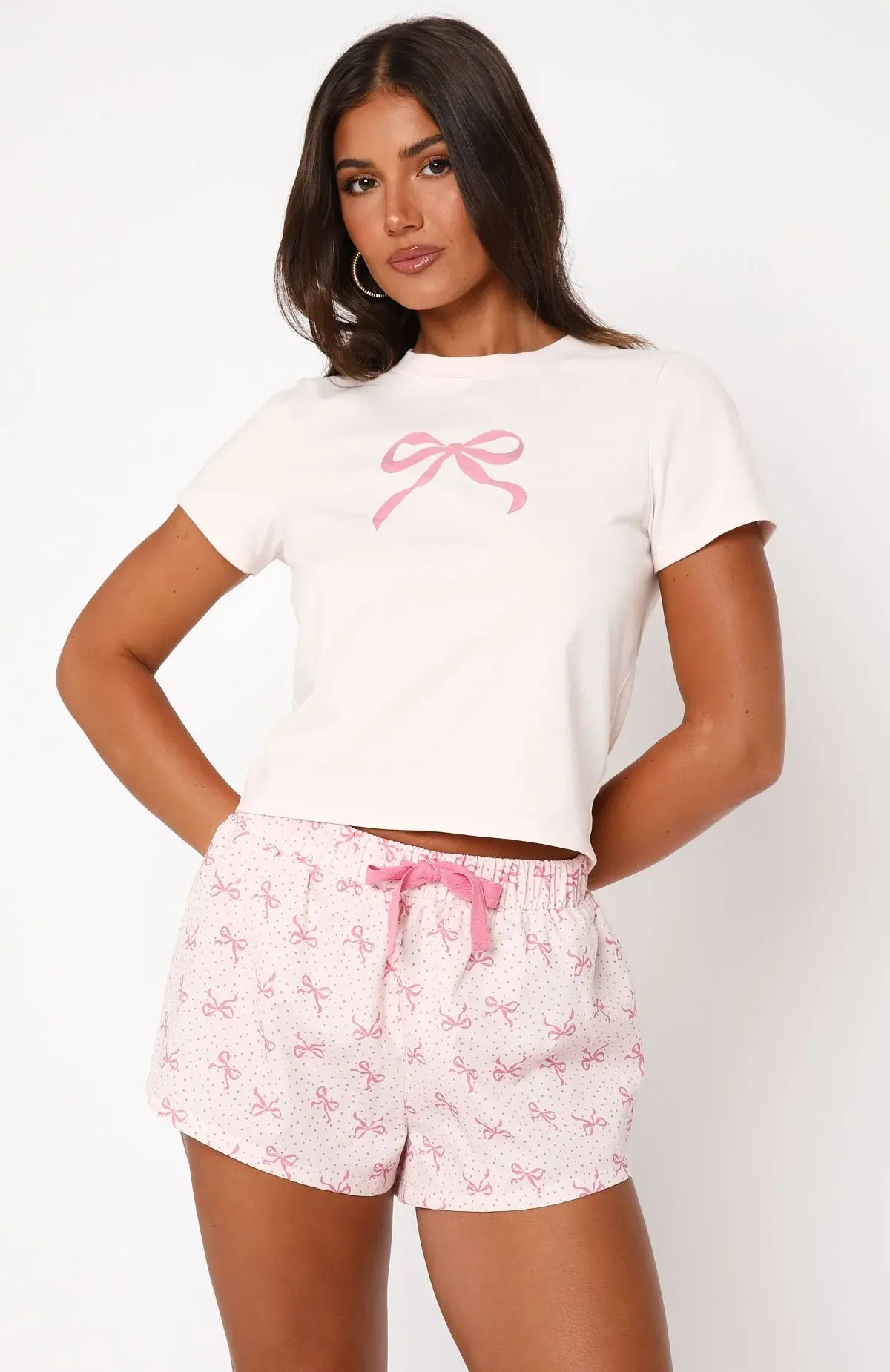 Women 2 Piece Pajamas Set Bow Print Short Sleeve T-Shirt and Elastic Shorts for Loungewear Soft Sleepwear