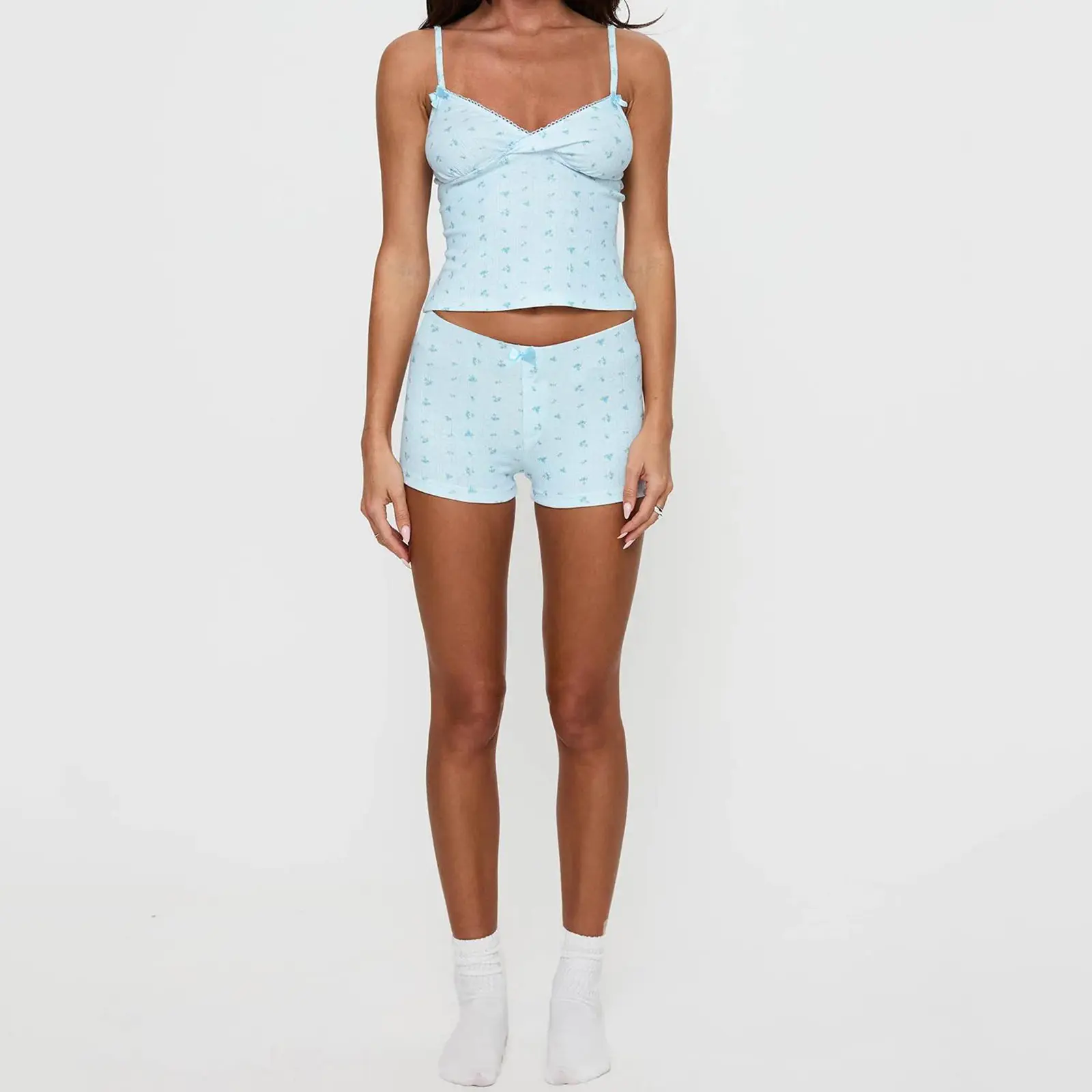 Women 2 Piece Pajamas Set Heart/Flower Print V-Neck Camisole and Elastic Shorts for Loungewear Soft Sleepwear