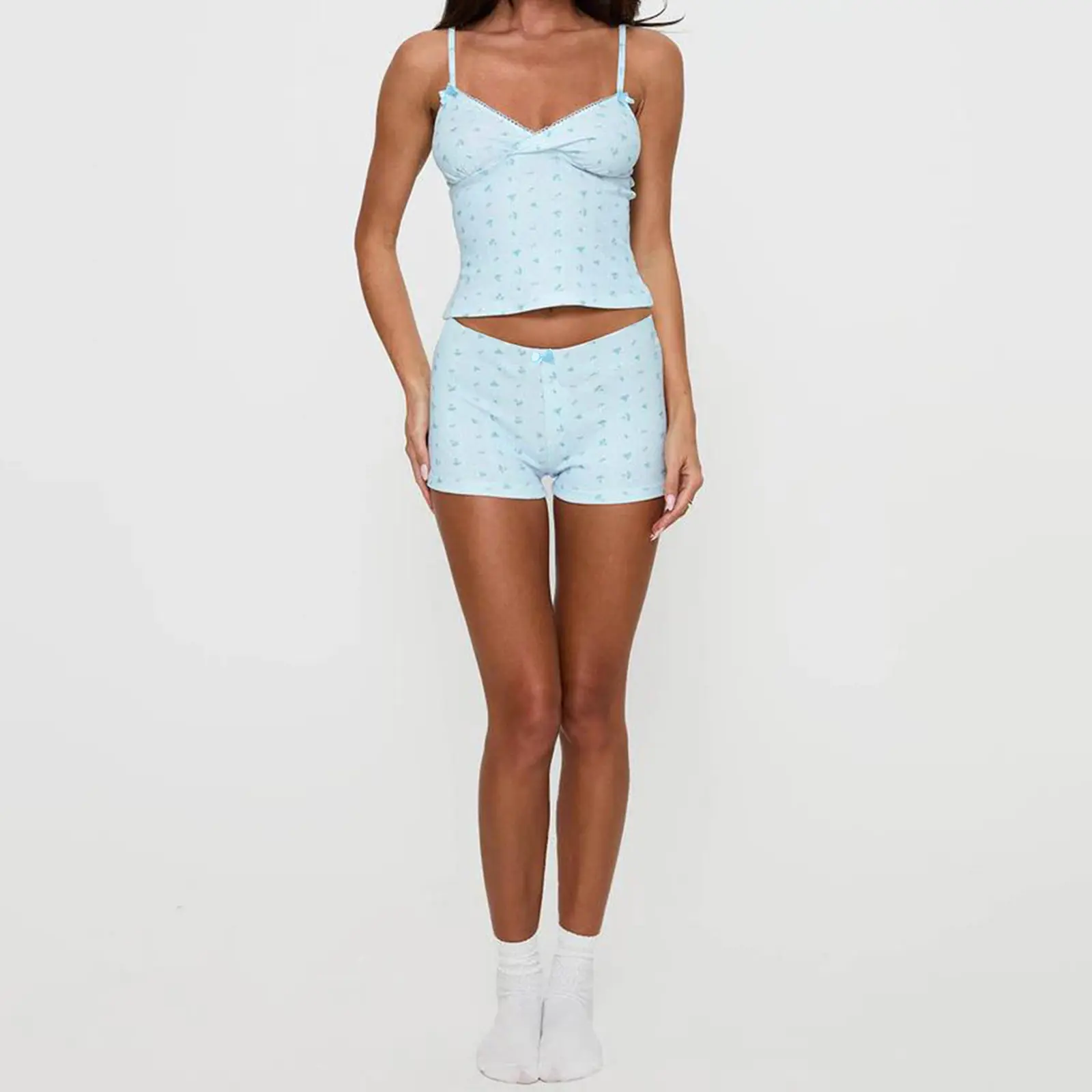 Women 2 Piece Pajamas Set Heart/Flower Print V-Neck Camisole and Elastic Shorts for Loungewear Soft Sleepwear