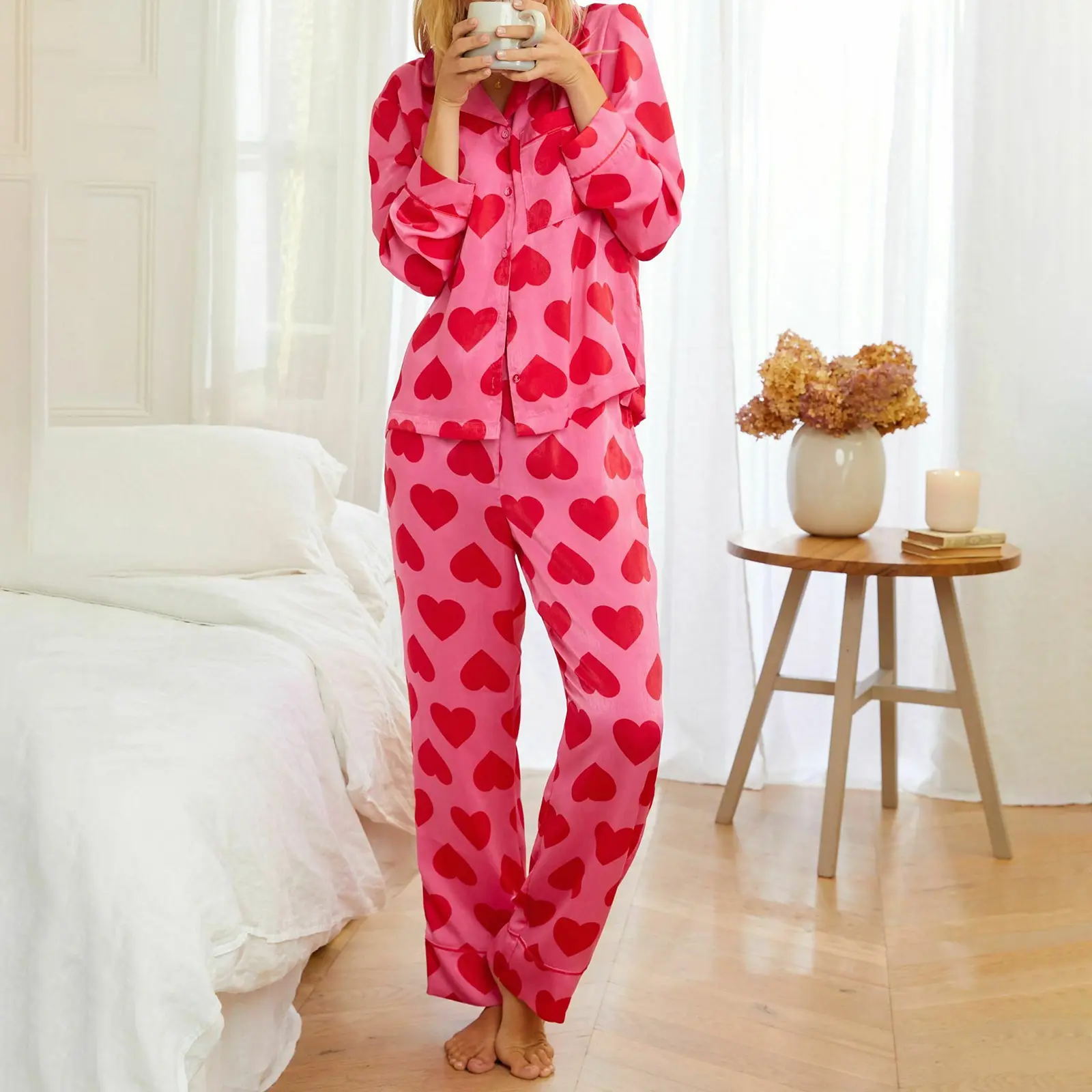 Women’s Two Piece Pajama Set Casual Long Sleeve Heart Print Shirt and Pants Set Loungewear