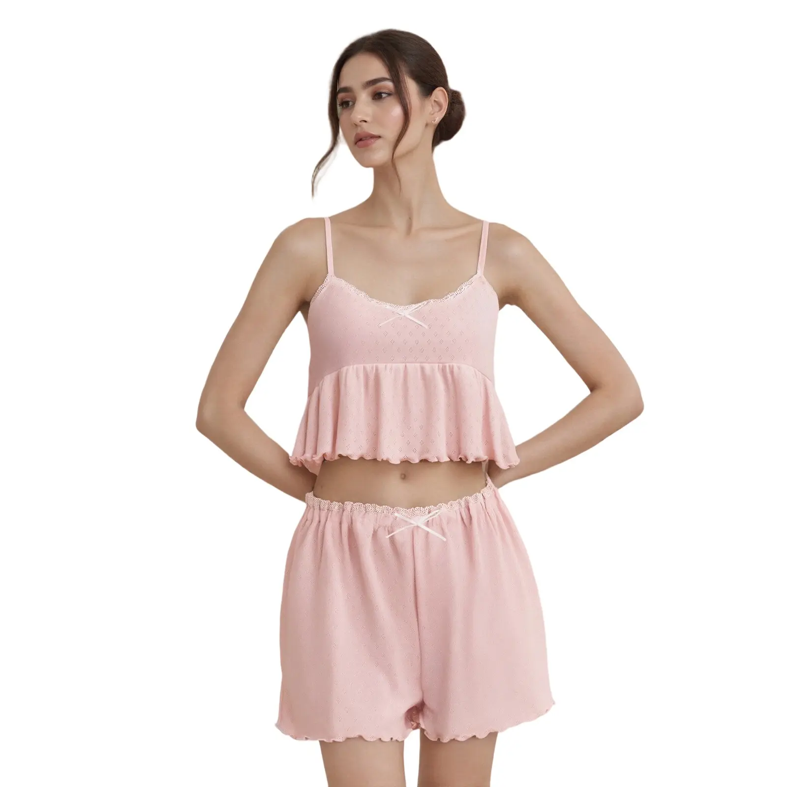 Women's Summer Lounge Set Sleeveless V Neck Pattern Eyelet Cami Tank Tops Shorts Sleepwear Sets