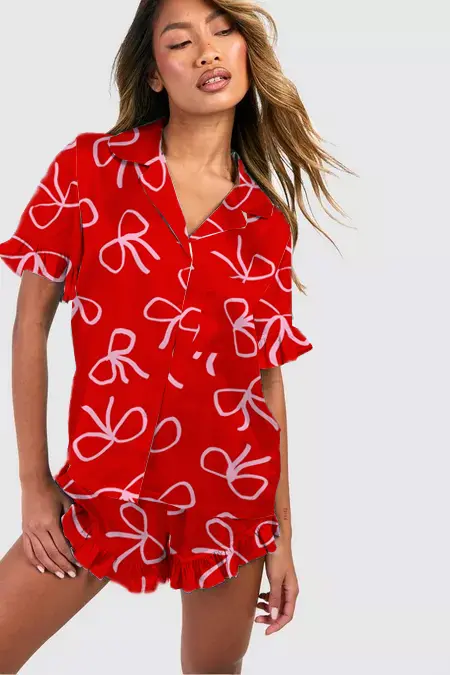 Women's 2 Piece Lounge Set Short Sleeve Lapel Bow/Cherry Print Button Up Tops Shorts Sleepwear Sets