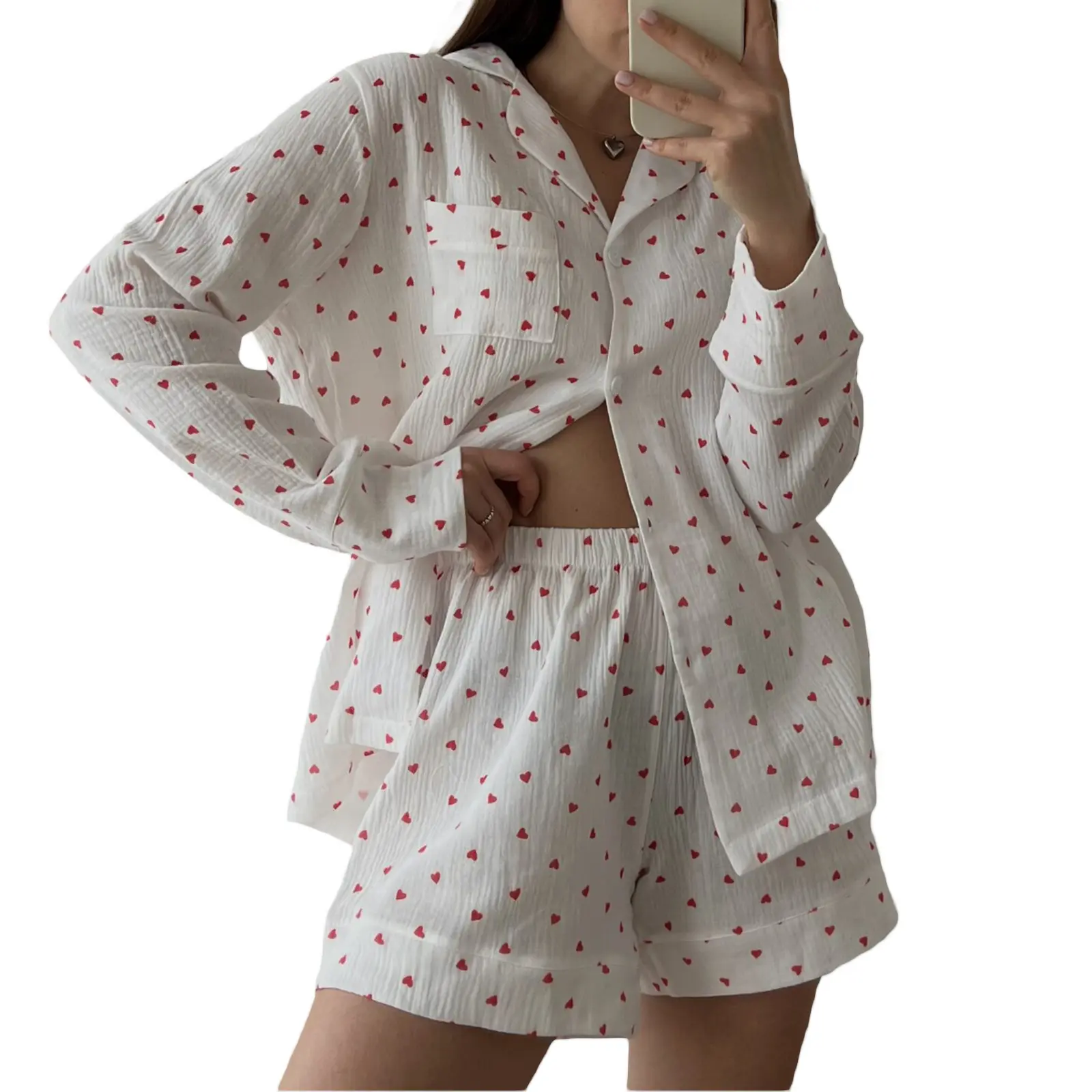 Women’s 2 Piece Pajamas Set Long Sleeve Heart Print Button Up Shirt + Shorts Set Loungewear