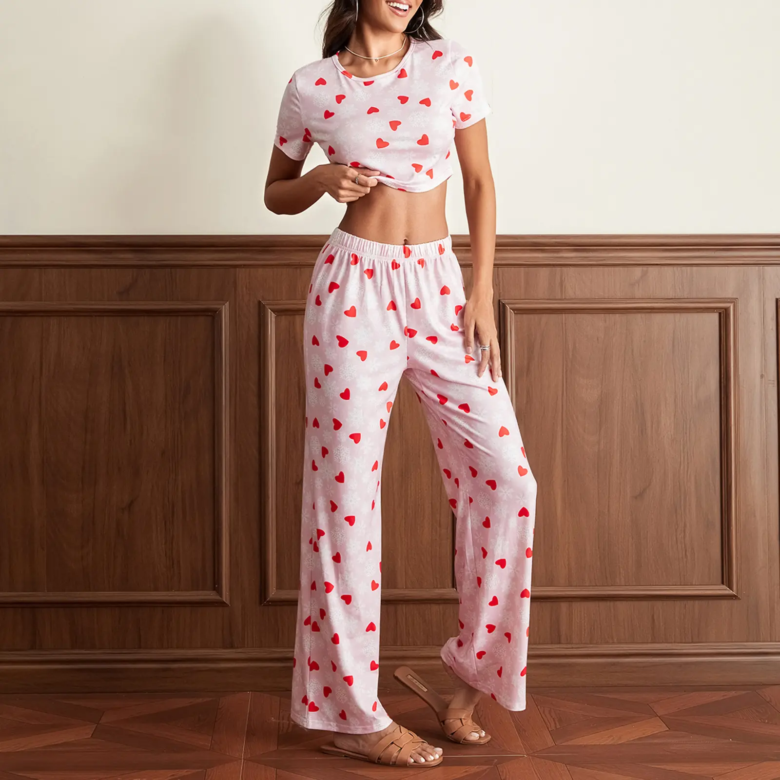 Women's Summer Loungewear Set, Heart&Snowflake Print Short Sleeve T-Shirt with Long Pants 2 Pieces Sleepwear
