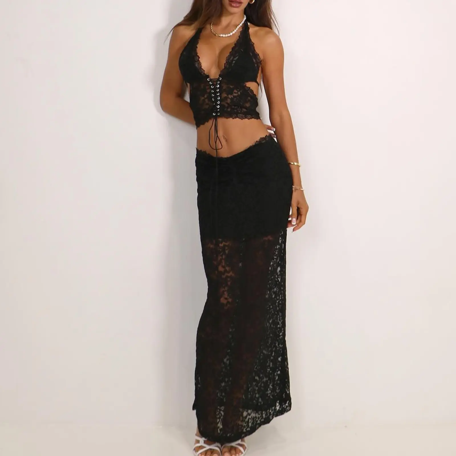 Women Lingerie Set Lace Flower Halter Neck Tank Tops Low Rise Long Skirt G-String Thongs 3Pcs Outfit