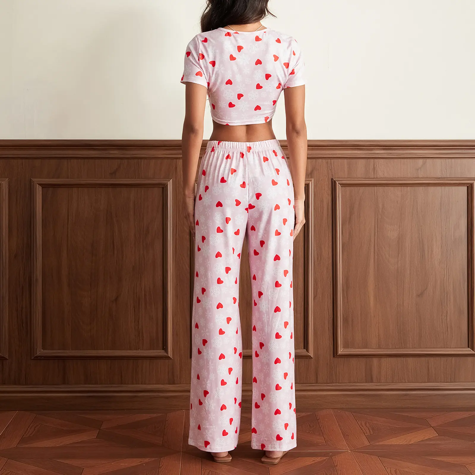 Women's Summer Loungewear Set, Heart&Snowflake Print Short Sleeve T-Shirt with Long Pants 2 Pieces Sleepwear