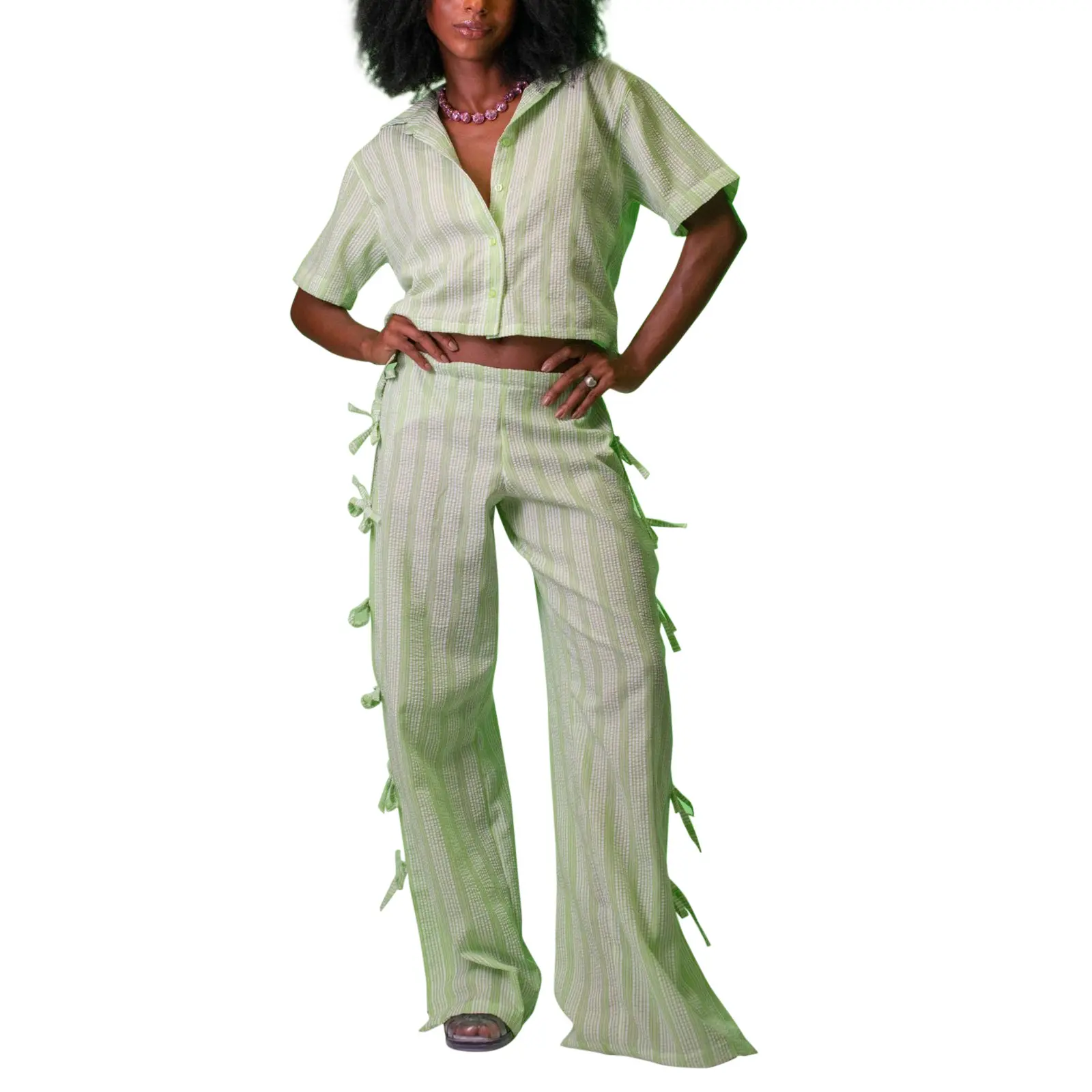 Women's 2 Piece Lounge Set Short Sleeve Lapel Button Up Striped Tops Pants Sleepwear Sets