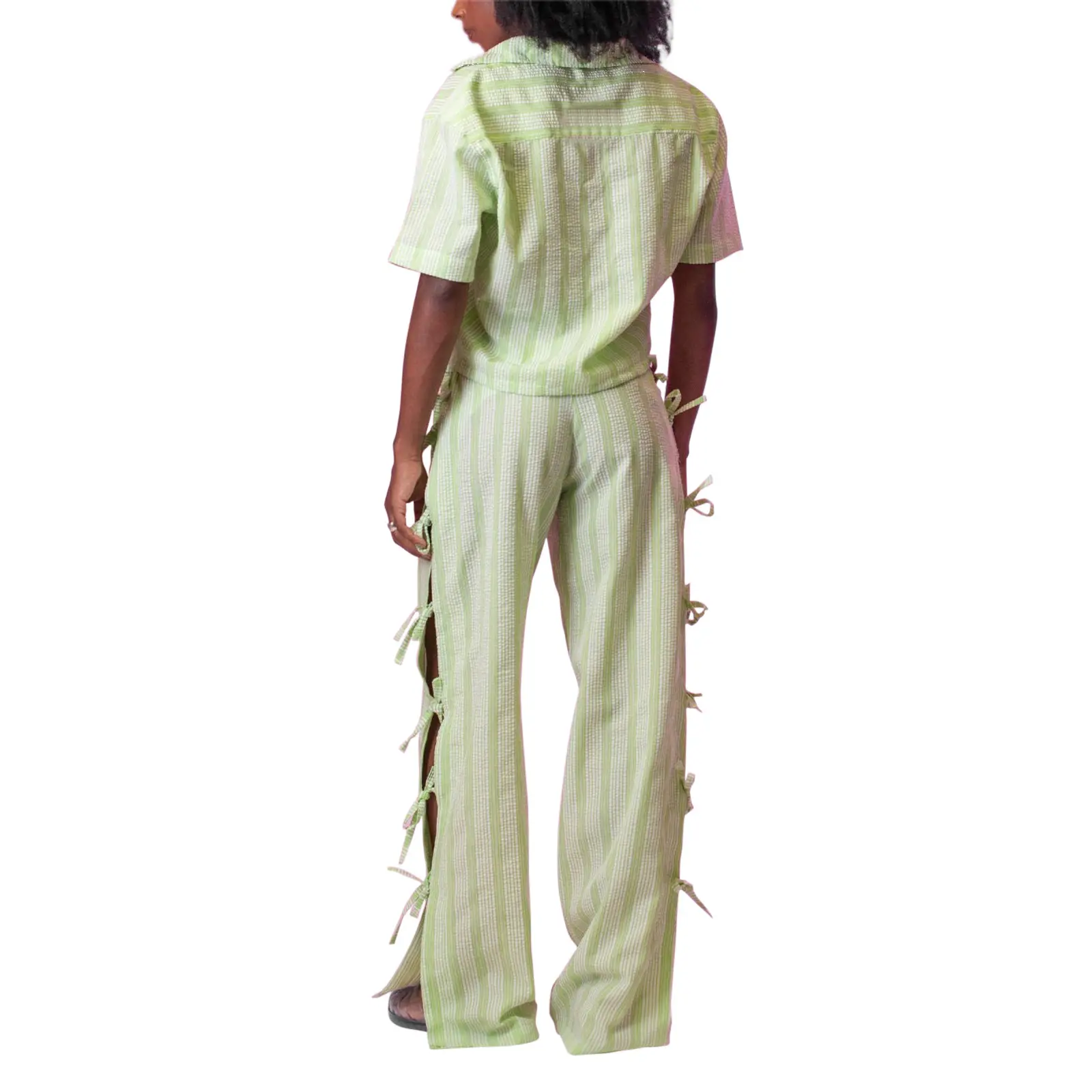 Women's 2 Piece Lounge Set Short Sleeve Lapel Button Up Striped Tops Pants Sleepwear Sets