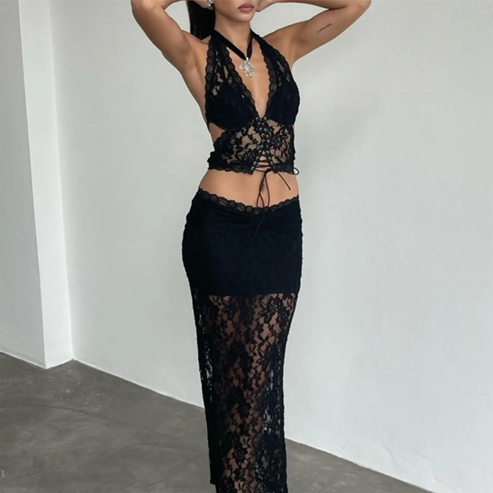 Women Lingerie Set Lace Flower Halter Neck Tank Tops Low Rise Long Skirt G-String Thongs 3Pcs Outfit