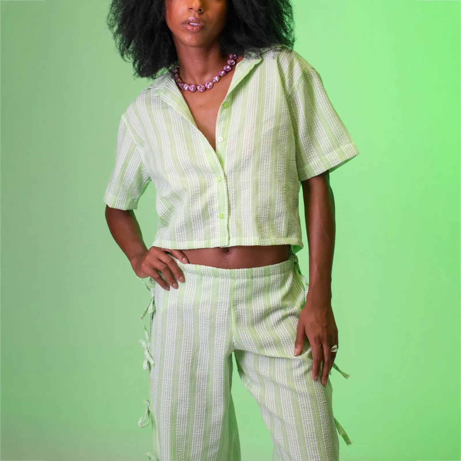 Women's 2 Piece Lounge Set Short Sleeve Lapel Button Up Striped Tops Pants Sleepwear Sets