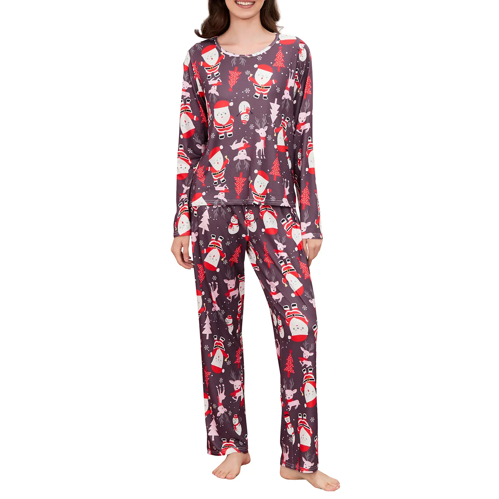 Women Christmas Pajamas Set Santa Claus Print Crew Neck Long Sleeve Tops Long Pants Loungewear Outfit