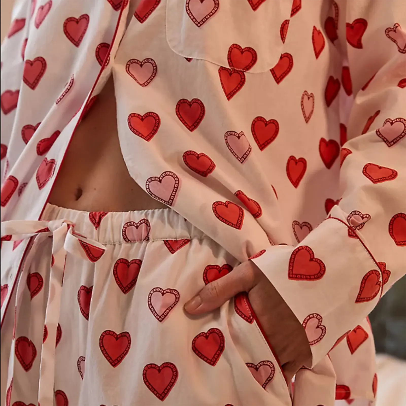 Women Pajamas Set, Heart Print Long Sleeve Shirt with Pants Sleepwear Loungewear