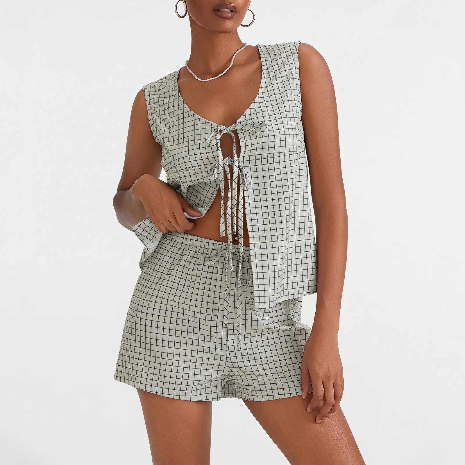 Women Casual Hollow Plaid Outfit, Sleeveless Tie-up Tank Top with Elastic Waist Shorts Summer Outfit Dailywear