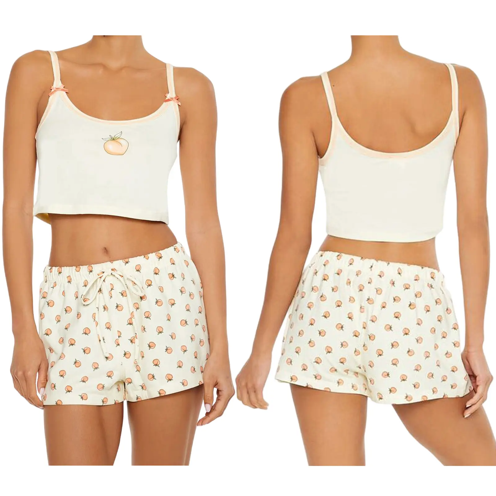 Women’s Two Piece Pajamas Set Sleeveless Peach Print Crop Cami Tops and Shorts Loungewear