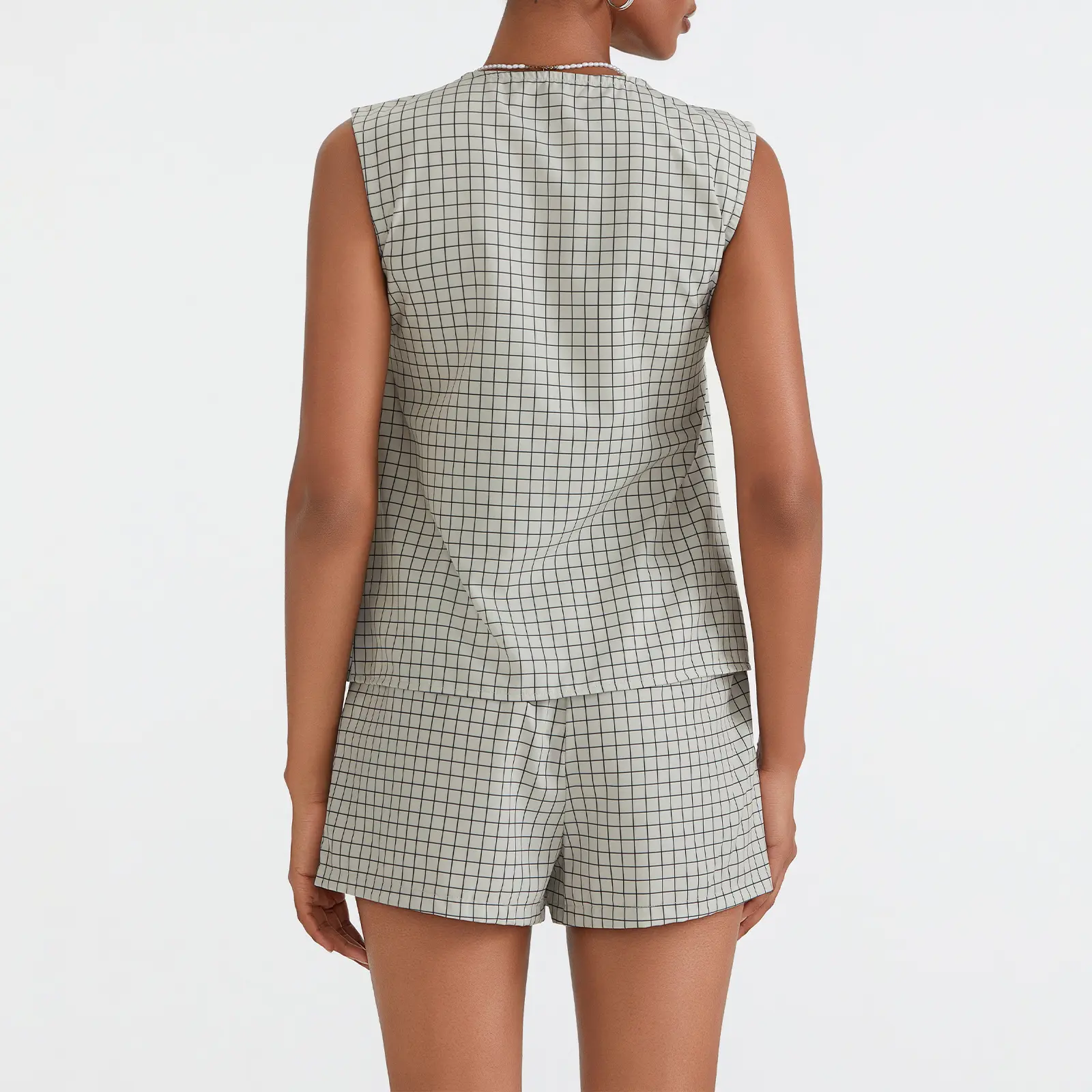 Women Casual Hollow Plaid Outfit, Sleeveless Tie-up Tank Top with Elastic Waist Shorts Summer Outfit Dailywear