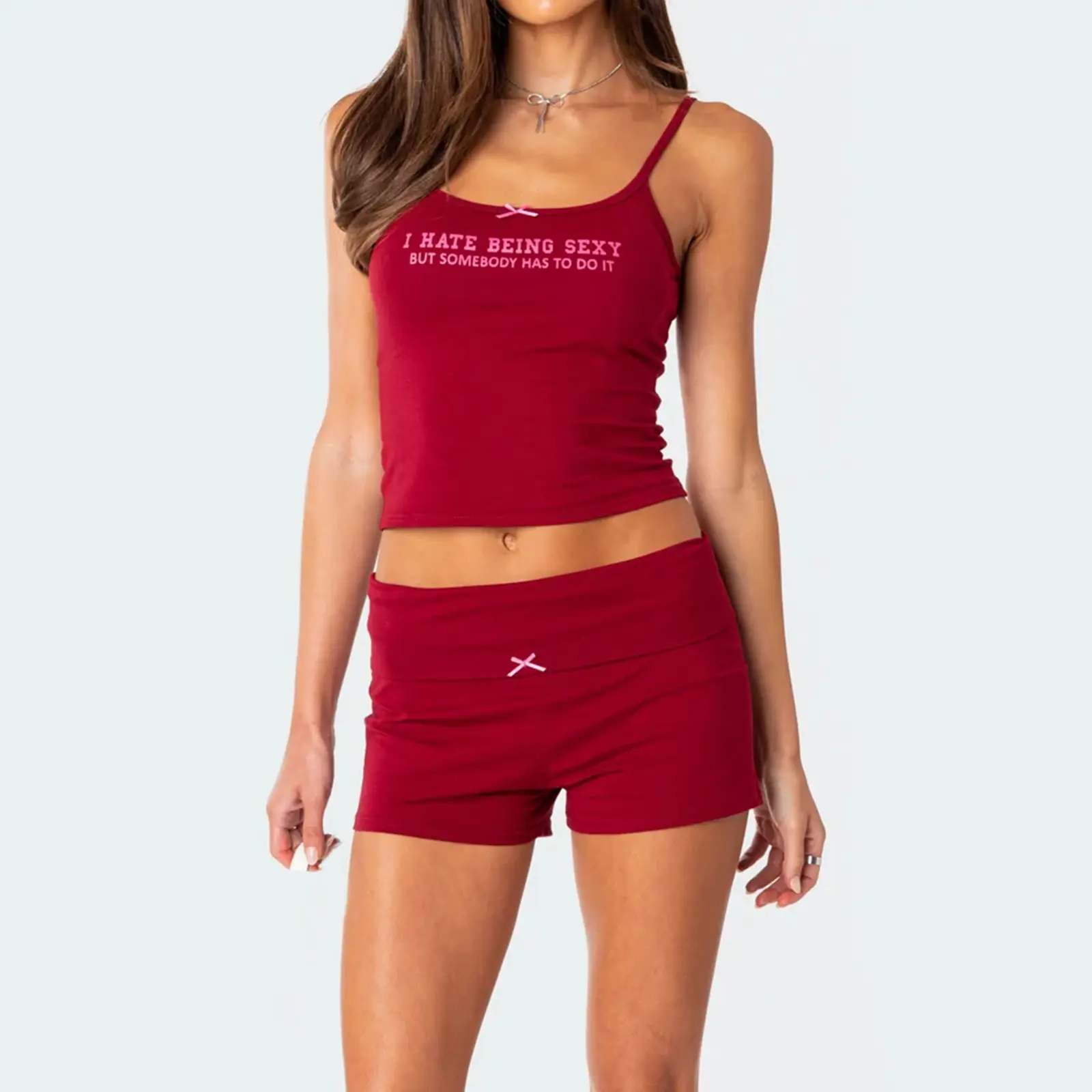 Women's 2 Piece Pajama Set Sleeveless Letter Print Cami Tops Red Casual Shorts Sleepwear Sets